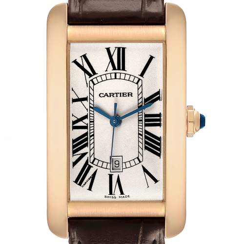 The image shows a front view of the Cartier Tank Américaine watch, highlighting its rectangular case and Roman numeral dial.