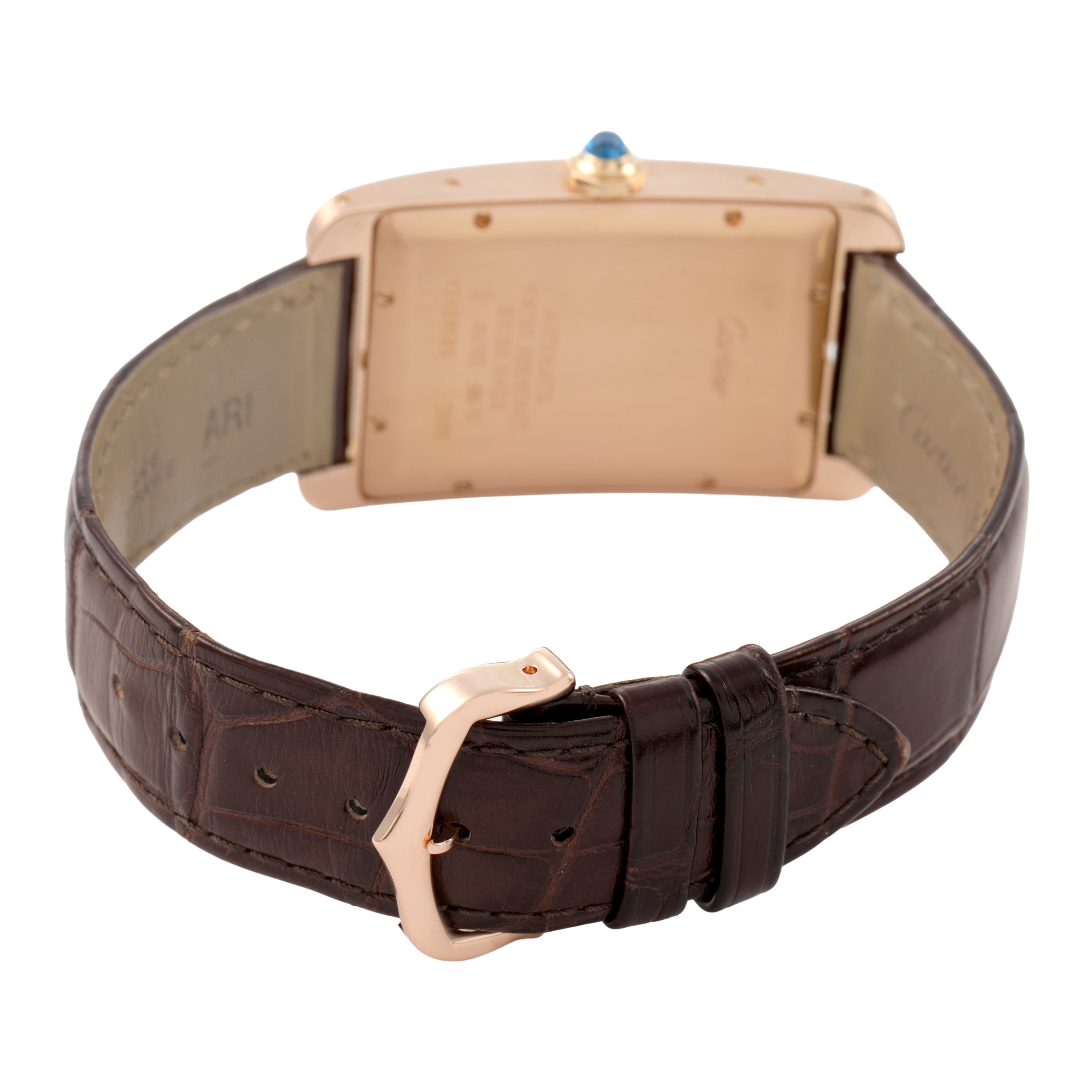 The Cartier Tank Americaine W2609156 Men's Rose Gold Silver Dial is shown from the back, featuring its case, strap, and clasp.