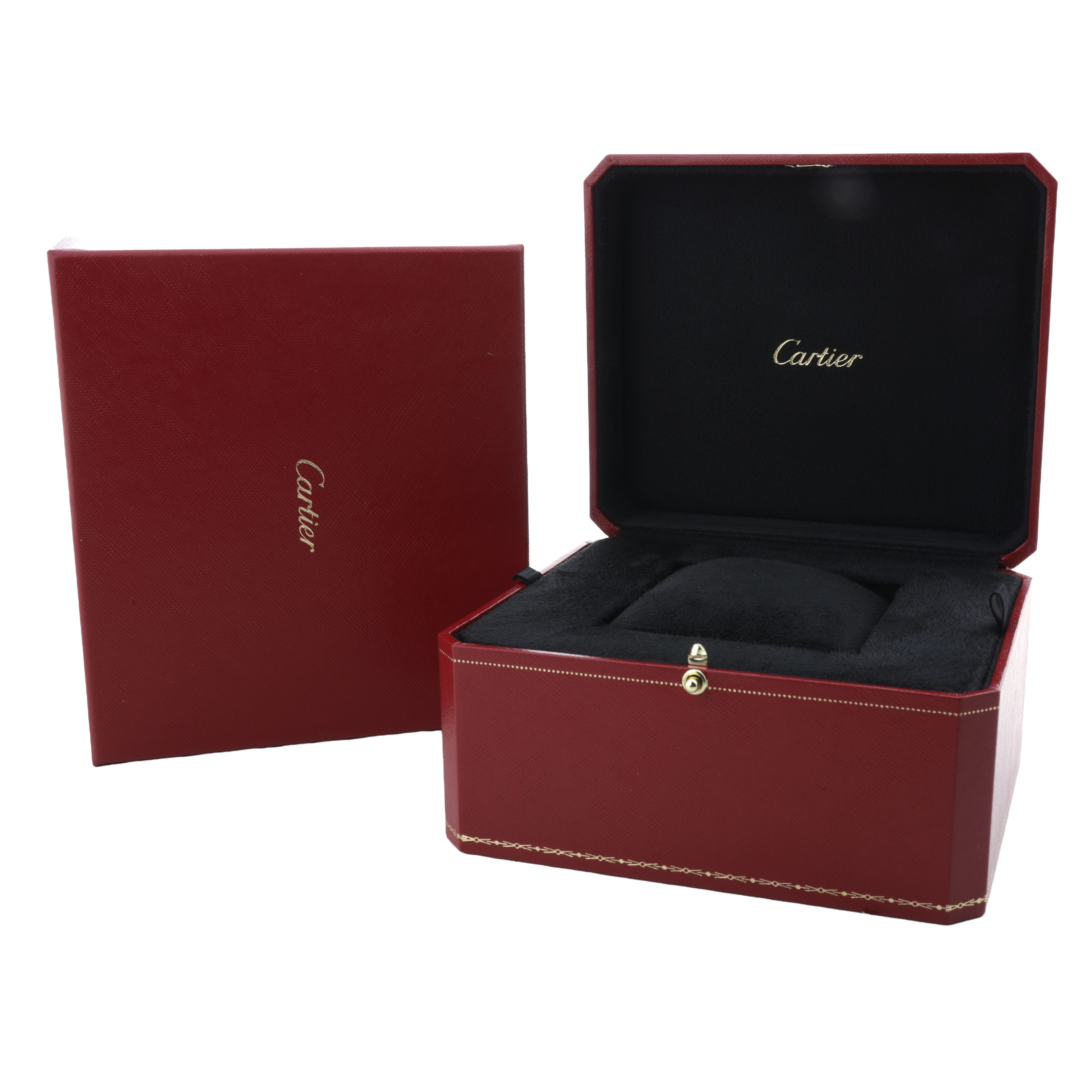 The image shows a Cartier Tank Américaine watch box, open with a cushioned interior and a closed outer box.