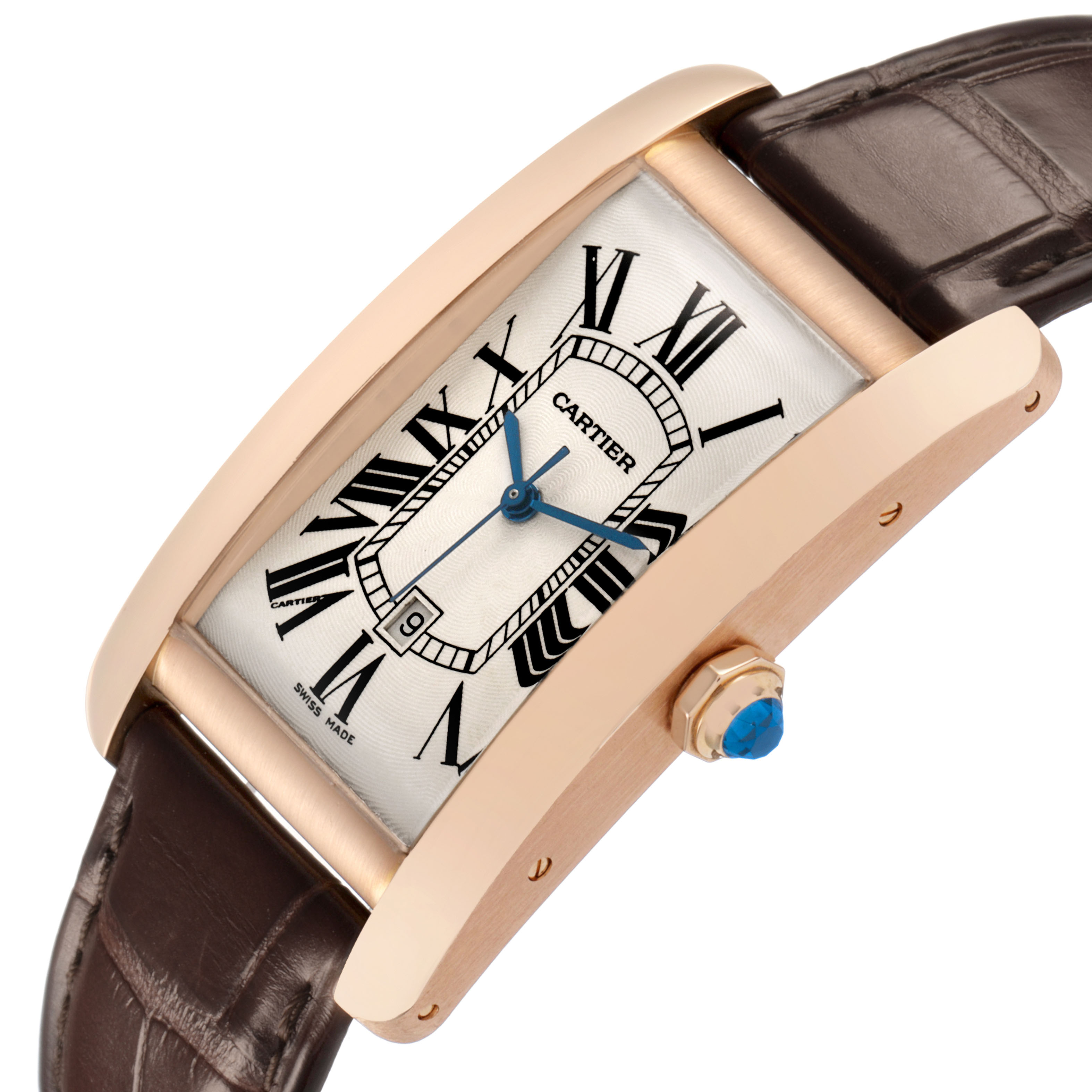 The Cartier Tank Américaine watch is shown at a three-quarter angle, displaying the face, crown, and strap.