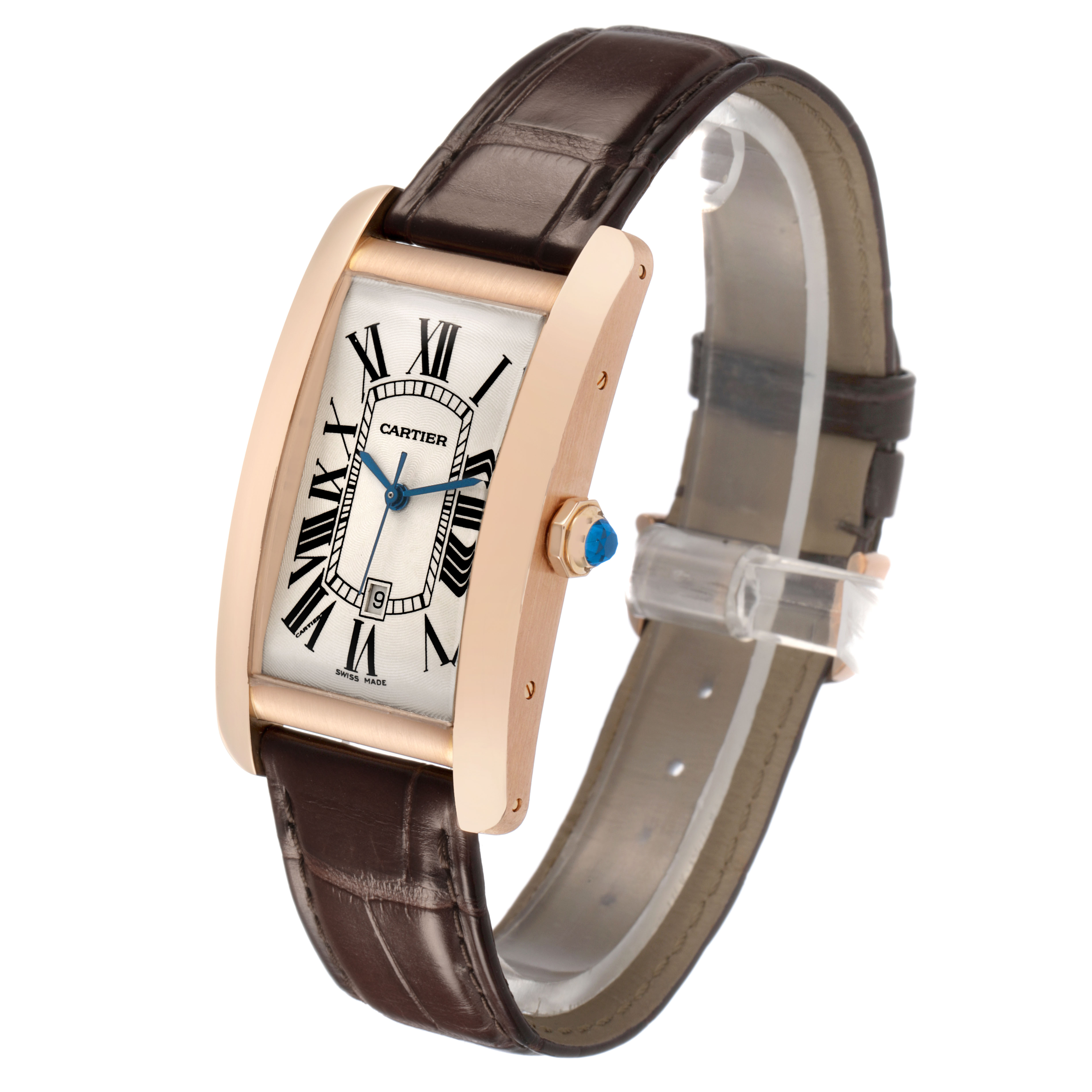 The Cartier Tank Américaine watch is shown at an angled side view, highlighting the case, crown, dial, and strap.