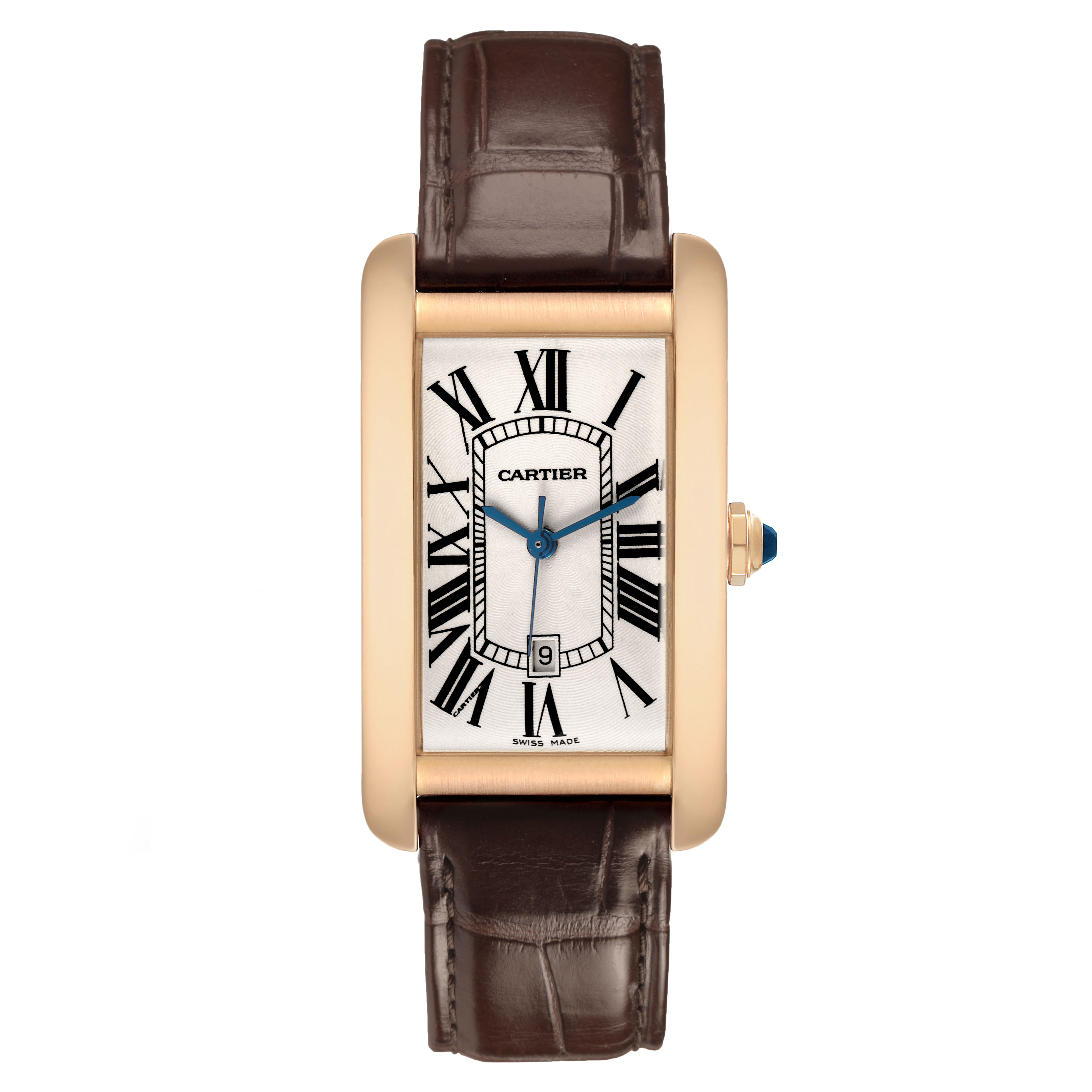 The Cartier Tank Americaine W2609156 Men's Rose Gold Silver Dial watch is shown from a front angle, highlighting its rectangular face, Roman numerals, and leather strap.