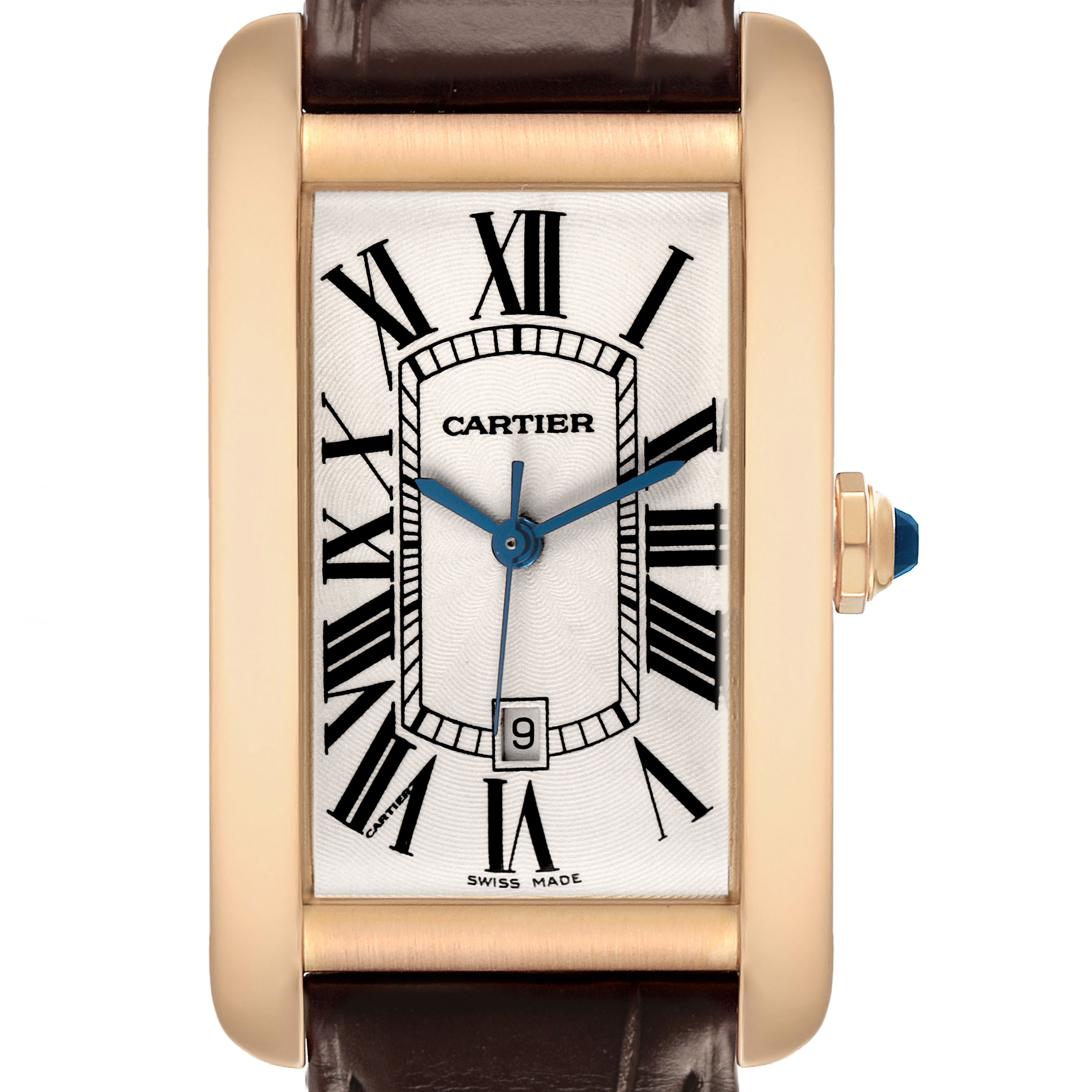 The image shows a frontal view of the Cartier Tank Americaine W2609156 Men's Rose Gold Silver Dial watch, highlighting its rectangular face with Roman numerals and date display.