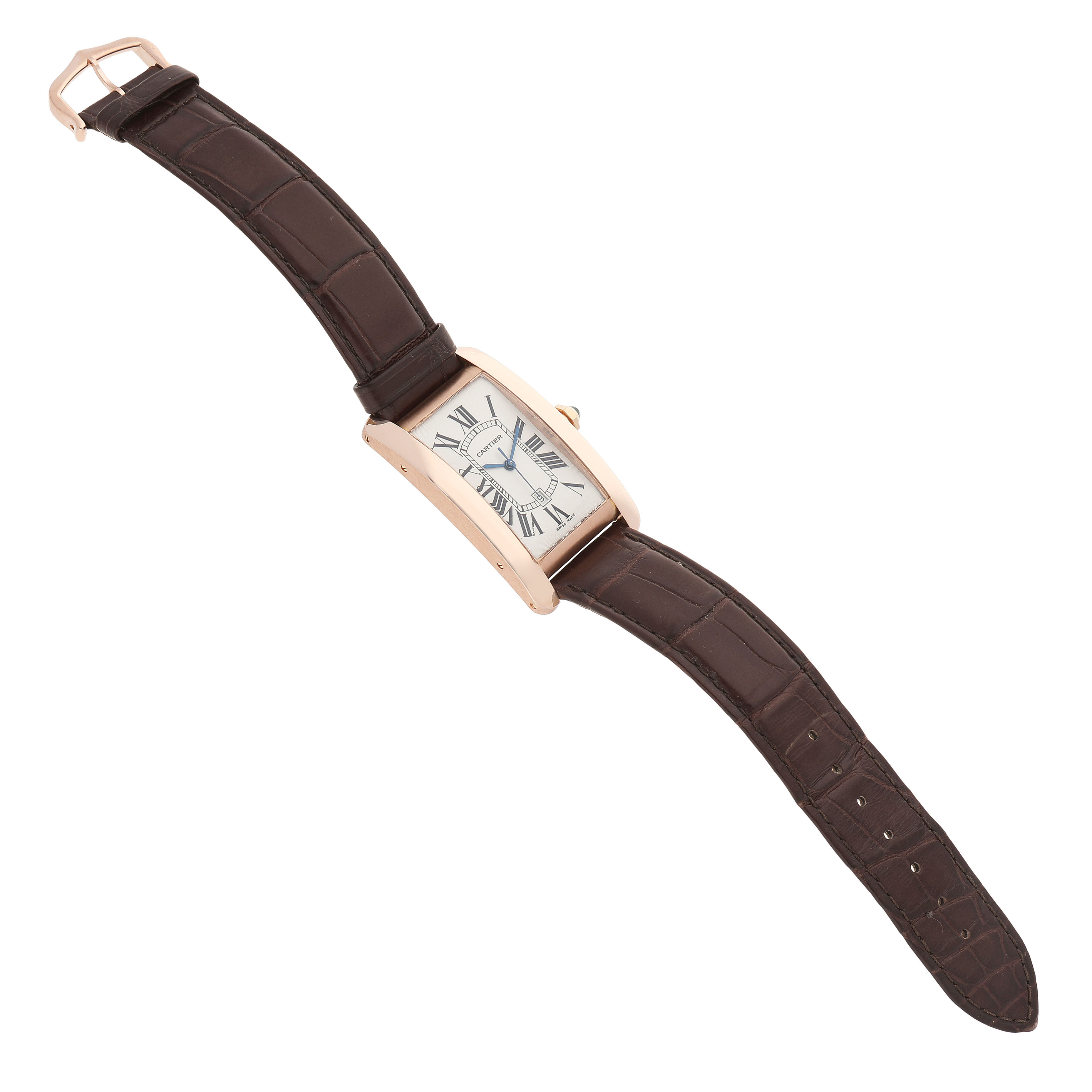 The Cartier Tank Americaine W2609156 Men's Rose Gold Silver Dial watch is shown from an oblique top angle displaying its face, case, and brown leather strap.