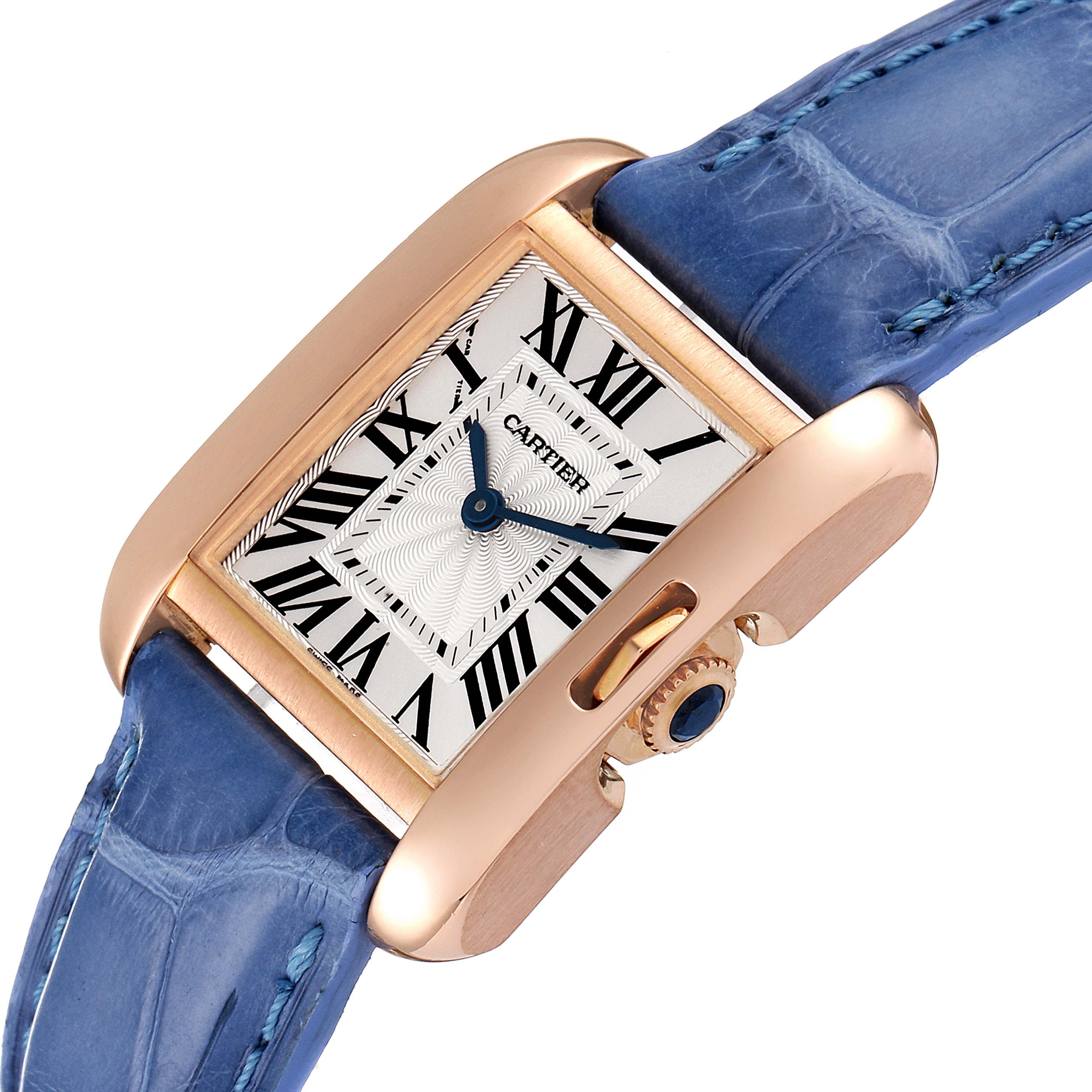 The image shows the dial and crown of a Cartier Tank Anglaise WT100024 Women's Rose Gold Silver Dial WT100024 Women's Rose Gold Silver Dial watch, photographed from a tilted angle.