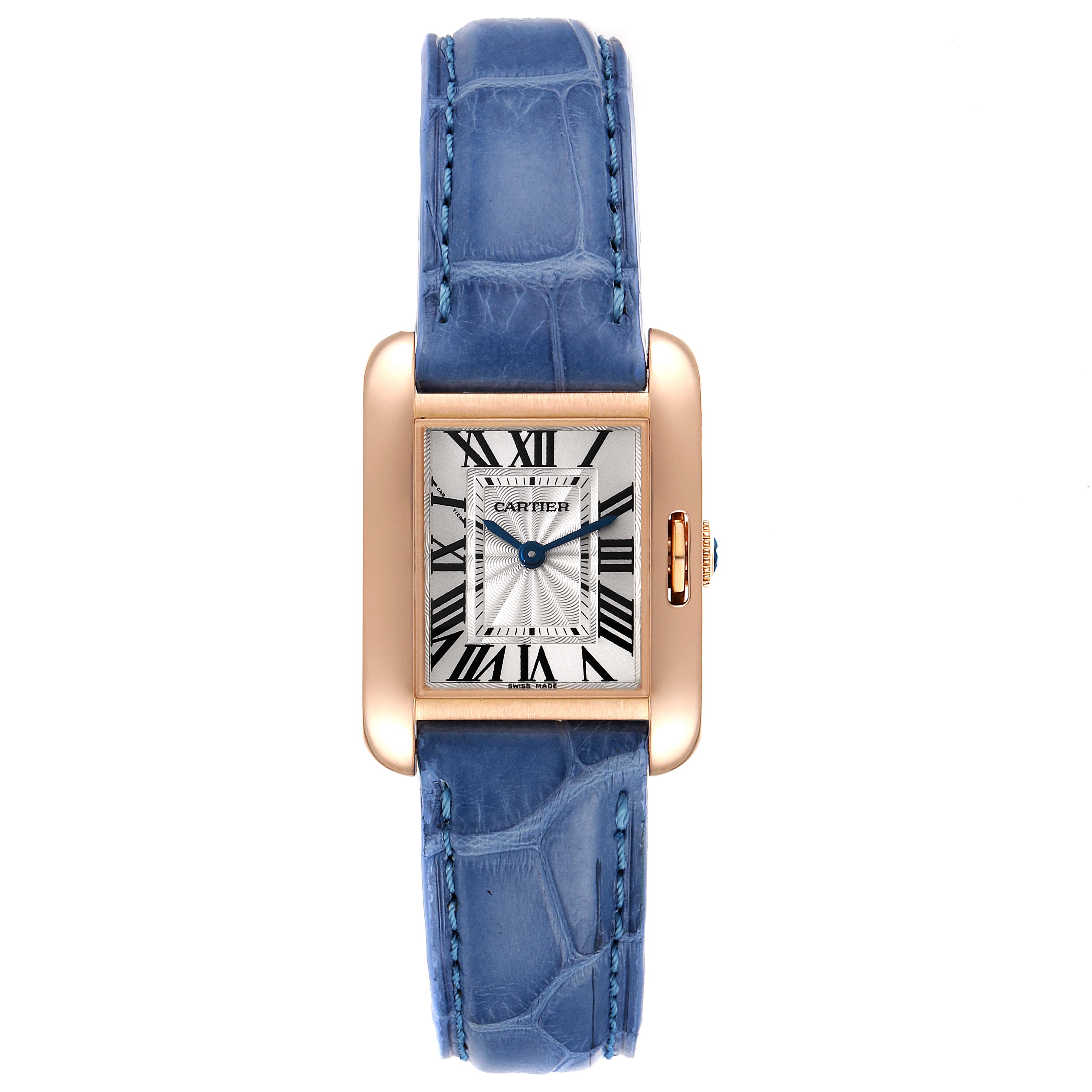 The image shows a front view of a Cartier Tank Anglaise WT100024 Women's Rose Gold Silver Dial WT100024 Women's Rose Gold Silver Dial watch with a blue leather strap and a rectangular gold case.