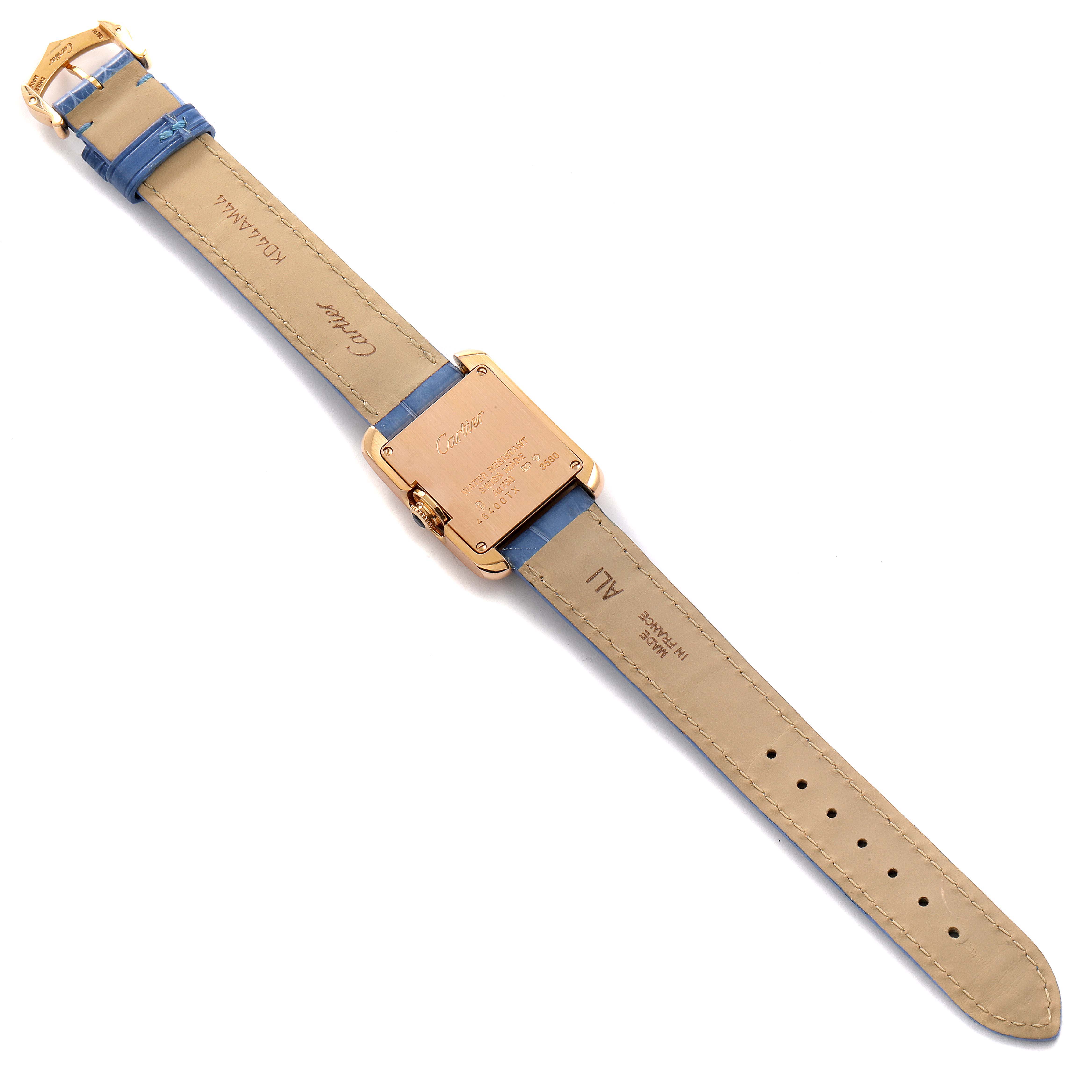 This image shows the back view of a Cartier Tank Anglaise WT100024 Women's Rose Gold Silver Dial WT100024 Women's Rose Gold Silver Dial watch with details of the leather strap and clasp.