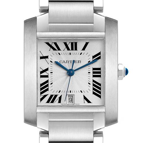 The Cartier Tank Française is shown head-on, highlighting its rectangular face, Roman numerals, and metal bracelet.