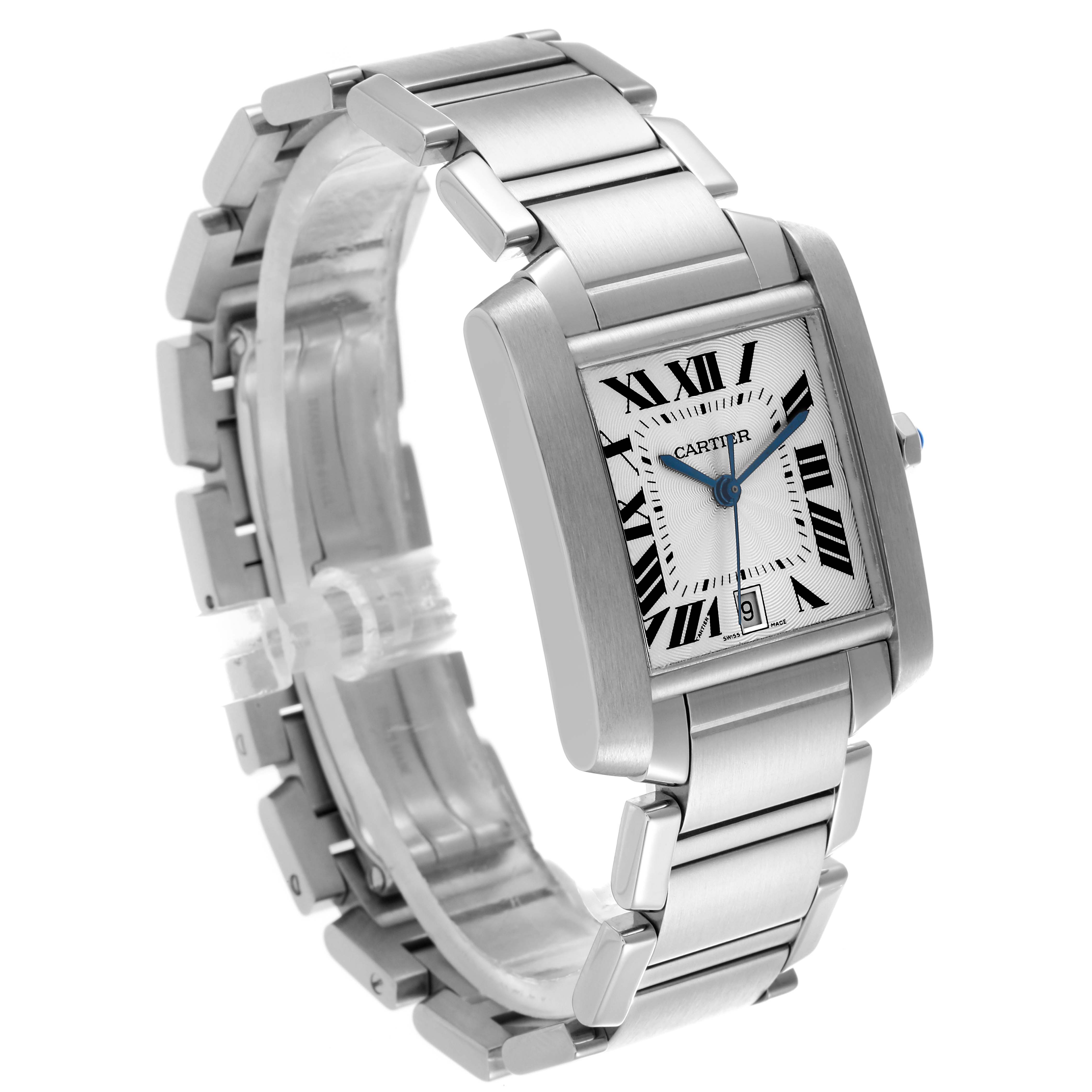 The Cartier Tank Francaise W51002Q3 Men
s Stainless Steel Silver Dial W51002Q3 Men
s Stainless Steel Silver Dial watch is shown from a three-quarter view, highlighting the face, bracelet, and side profile.