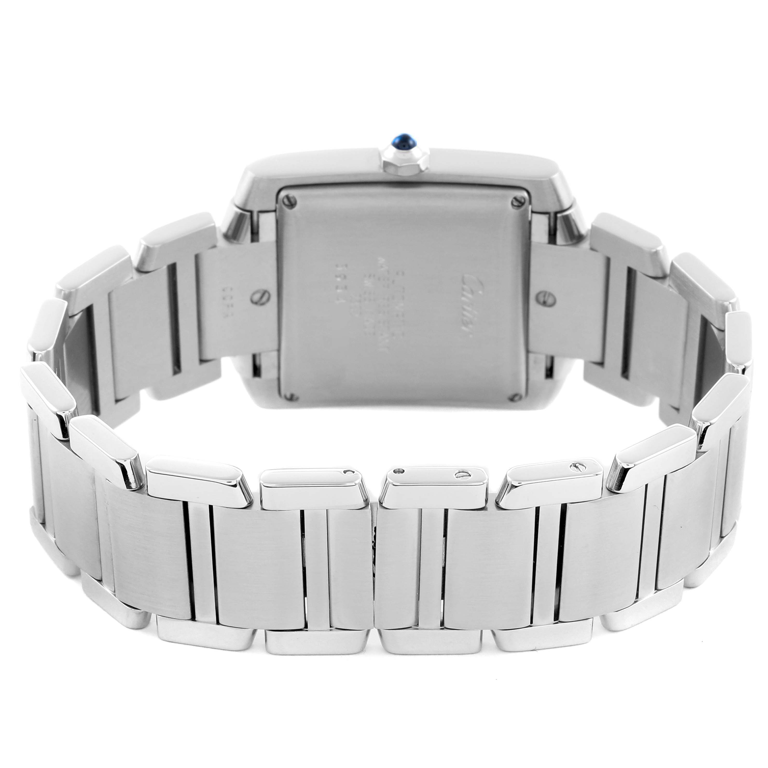 The image shows the back view of the Cartier Tank Francaise W51002Q3 Men
s Stainless Steel Silver Dial W51002Q3 Men
s Stainless Steel Silver Dial watch, highlighting its stainless steel bracelet and case back.