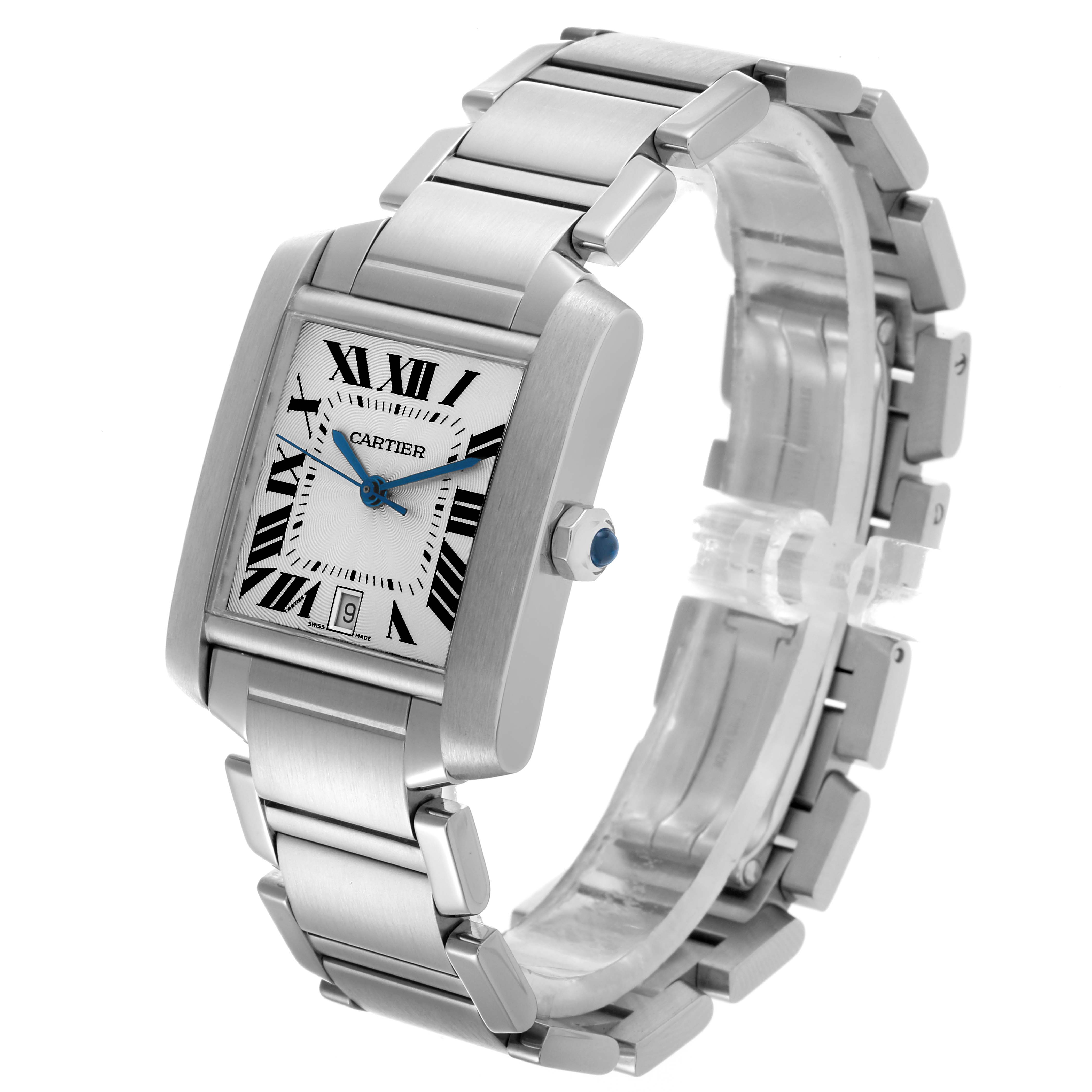 The Cartier Tank Francaise W51002Q3 Men
s Stainless Steel Silver Dial W51002Q3 Men
s Stainless Steel Silver Dial watch is displayed at a three-quarter angle showing the face, bracelet, and crown.