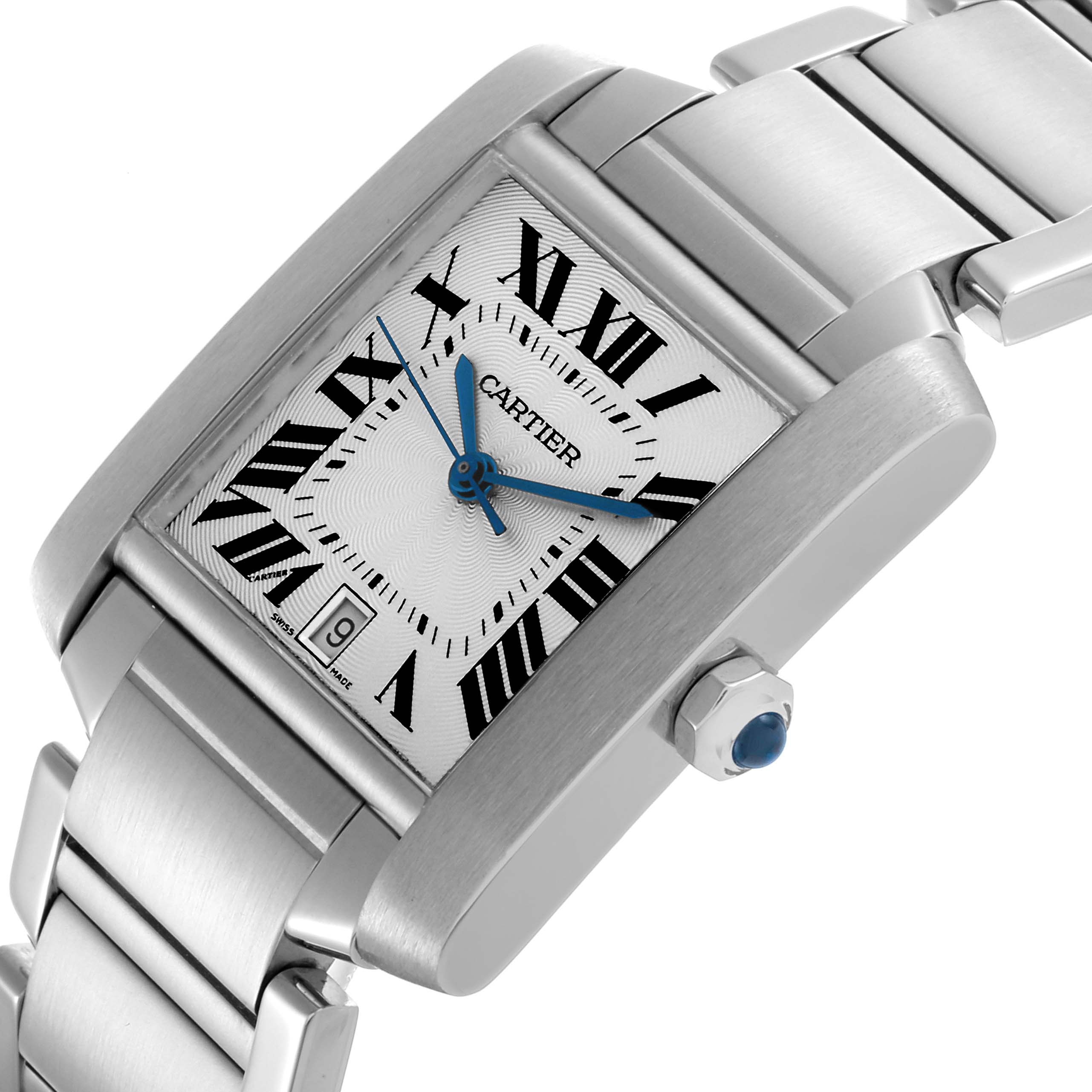 The Cartier Tank Francaise W51002Q3 Men
s Stainless Steel Silver Dial W51002Q3 Men
s Stainless Steel Silver Dial watch is shown at an angled close-up, displaying the dial, crown, and part of the bracelet.