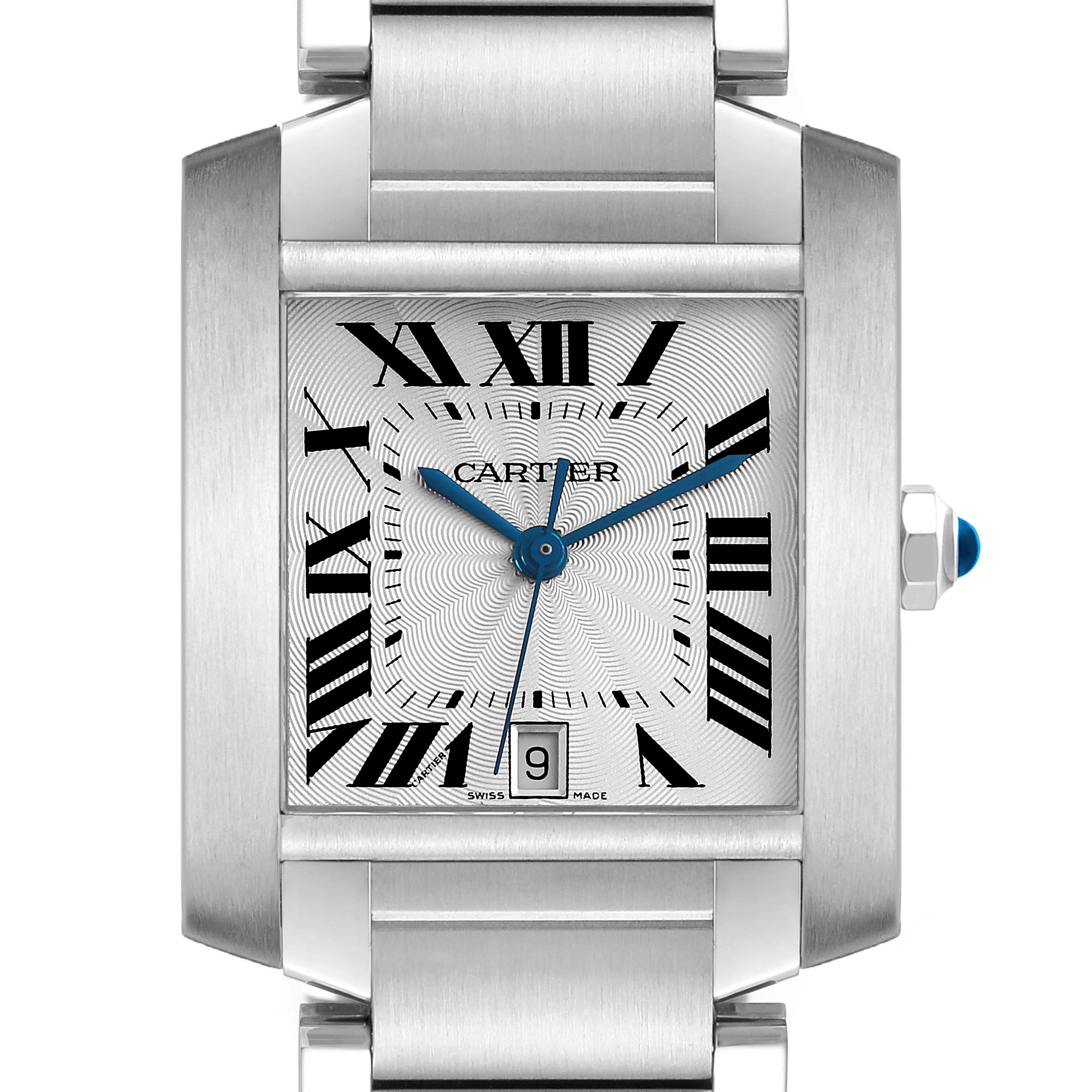 The Cartier Tank Francaise W51002Q3 Men
s Stainless Steel Silver Dial W51002Q3 Men
s Stainless Steel Silver Dial watch is shown from the front, displaying the face, bezel, and part of the bracelet.