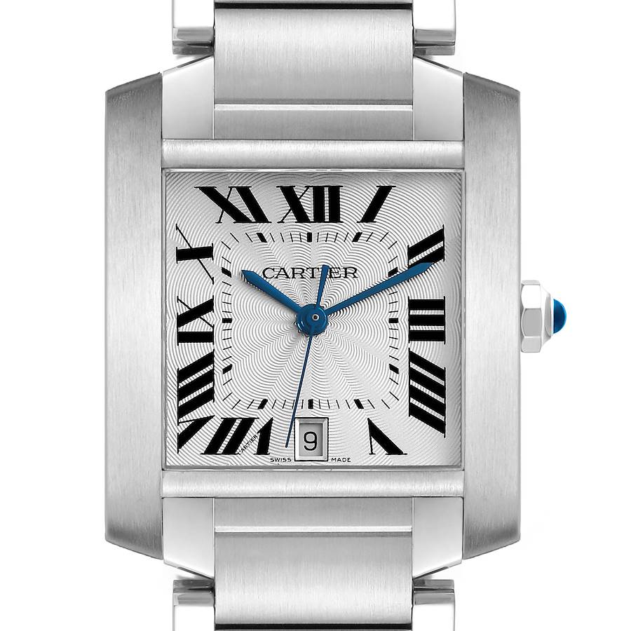 The Cartier Tank Francaise watch is shown from the front, displaying the face, bezel, and part of the bracelet.