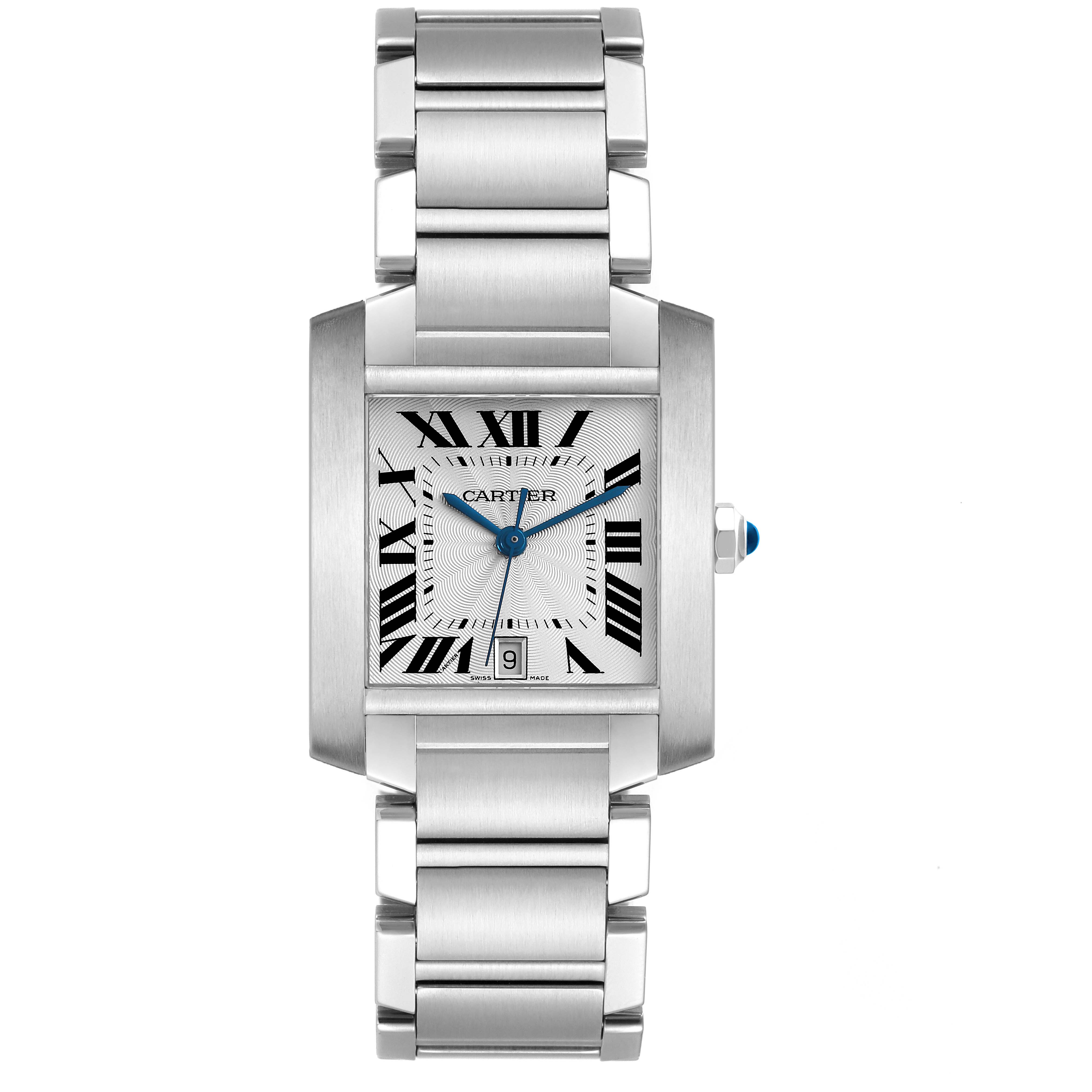 The Cartier Tank Française watch is shown from a frontal angle, displaying the face, roman numerals, and metal bracelet.