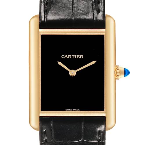 The Cartier Tank Louis WGTA0091 Men's Yellow Gold Black Dial watch is shown from the front, highlighting its black dial, gold case, and leather strap.