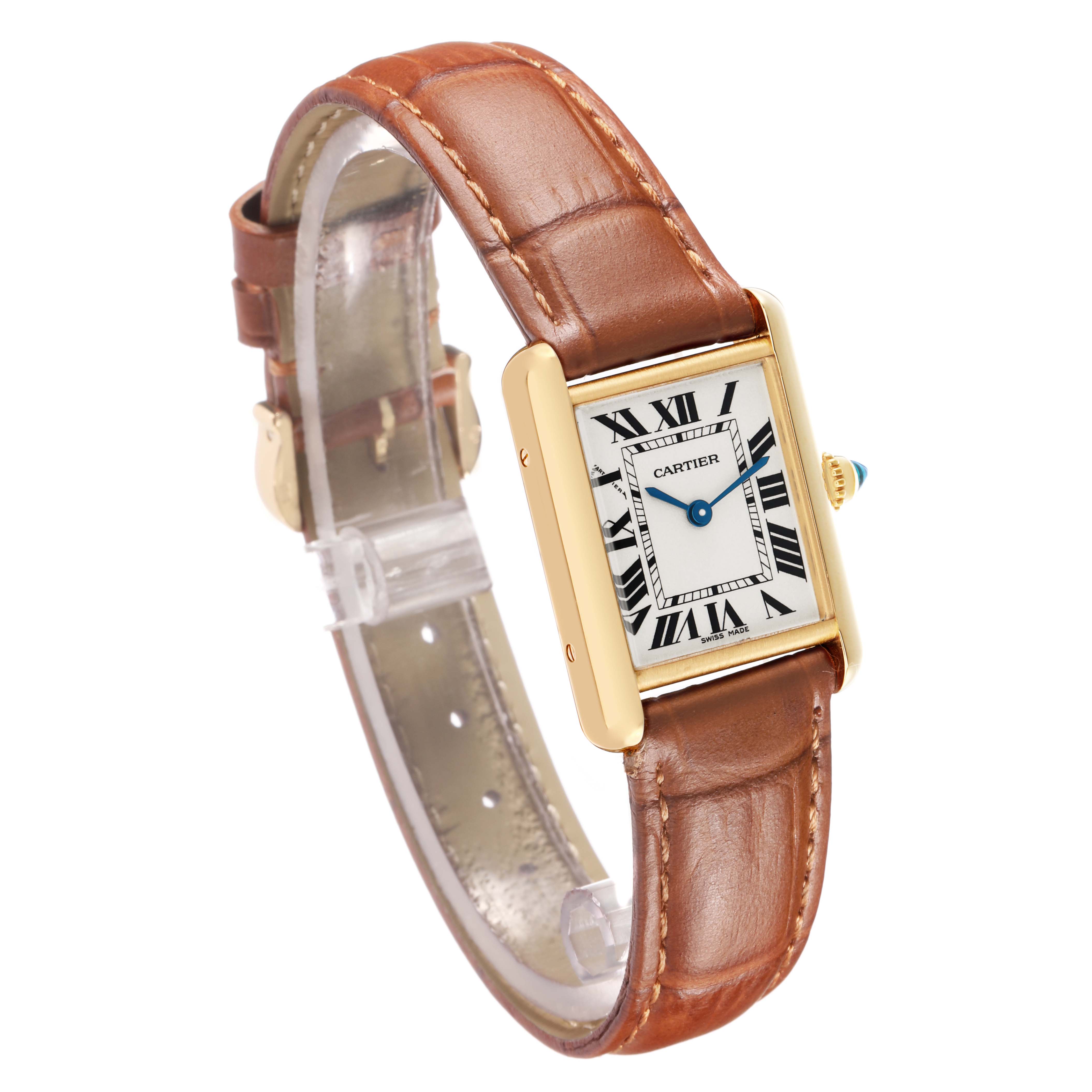 The Cartier Tank Louis W1529856 Women's Yellow Gold Silver Dial watch is shown at a three-quarter angle, highlighting the case, dial, crown, and leather strap.