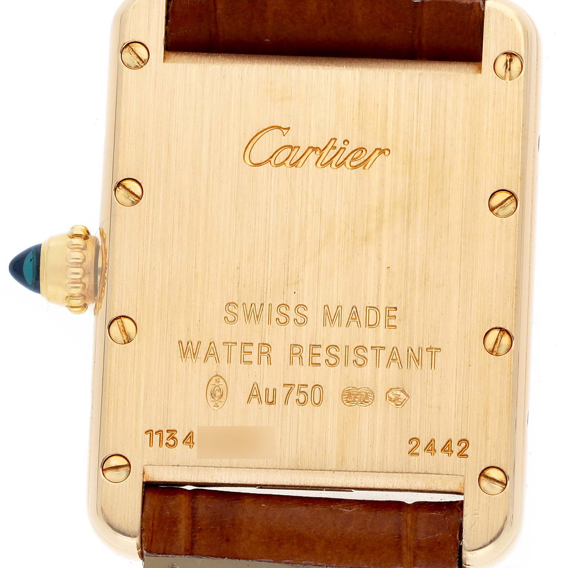 The image shows the back of a Cartier Tank Louis W1529856 Women's Yellow Gold Silver Dial watch, highlighting the case back and crown.