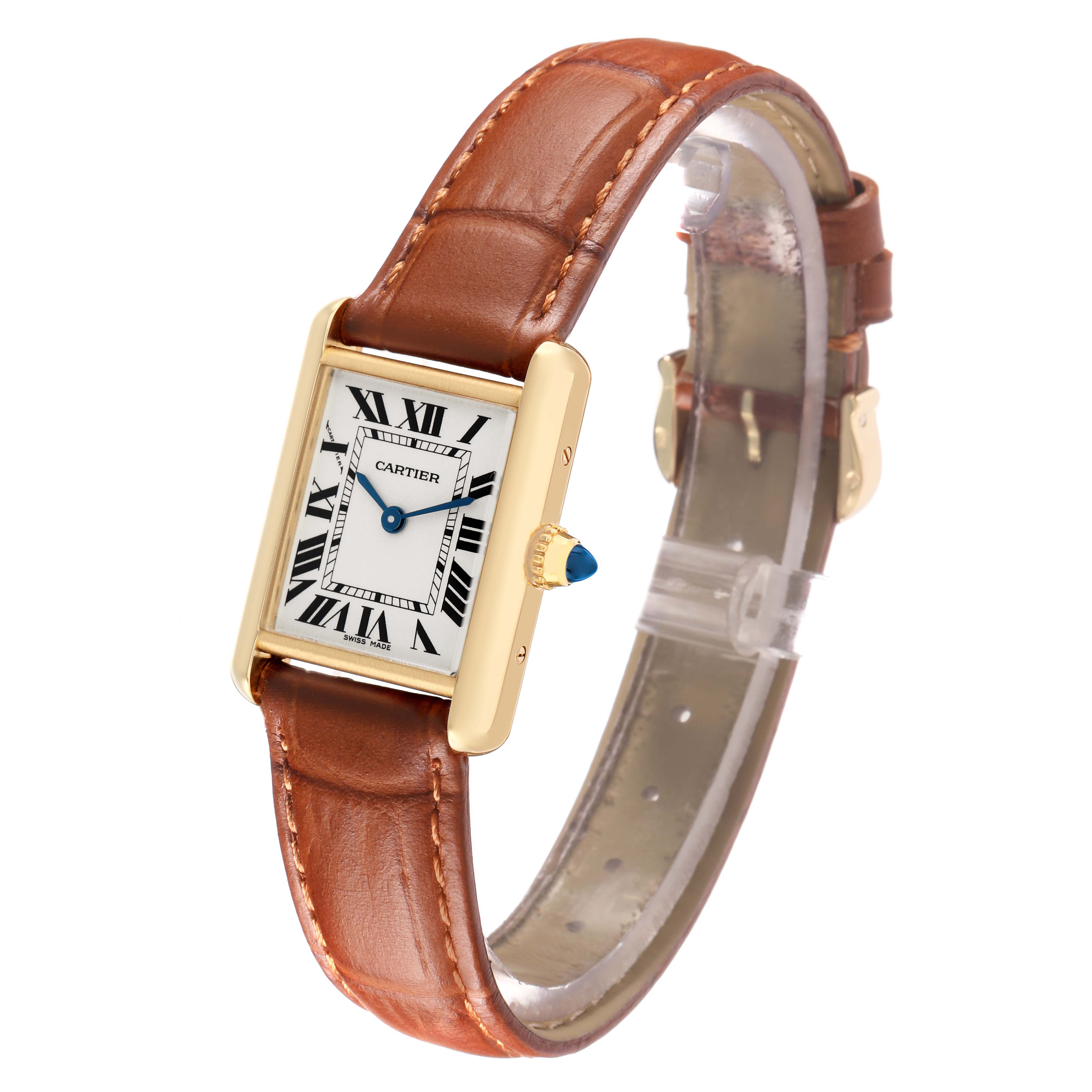 The Cartier Tank Louis W1529856 Women's Yellow Gold Silver Dial watch is shown at a slight angle, highlighting the face, leather strap, and blue cabochon crown.
