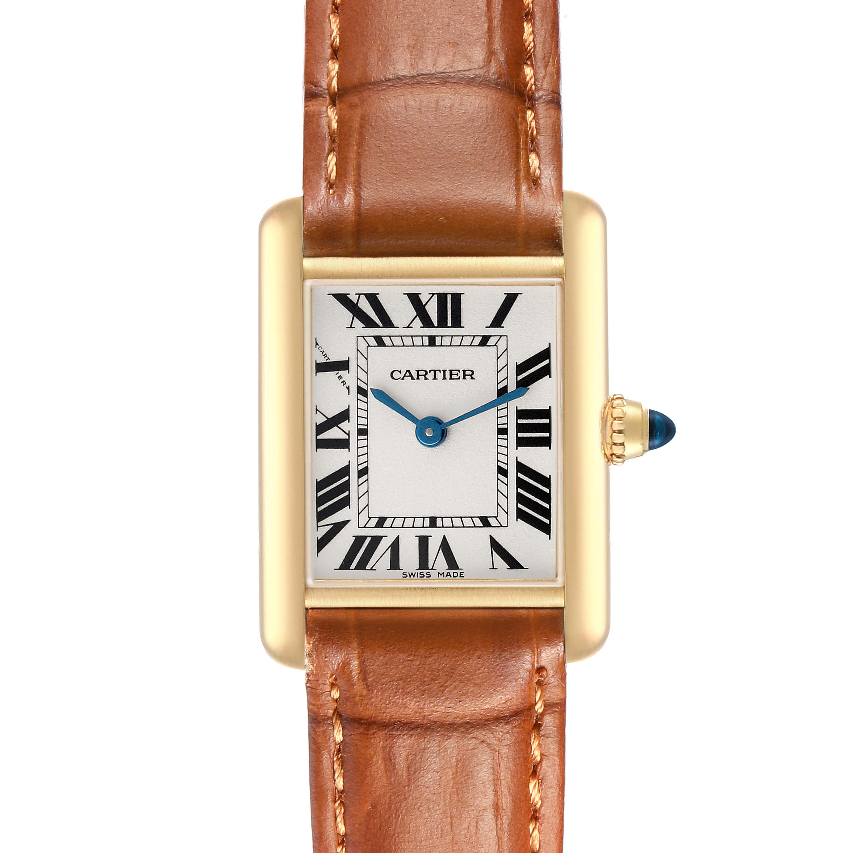 The image shows a frontal view of the Cartier Tank Louis W1529856 Women's Yellow Gold Silver Dial watch, highlighting its face, hands, crown, and leather strap.