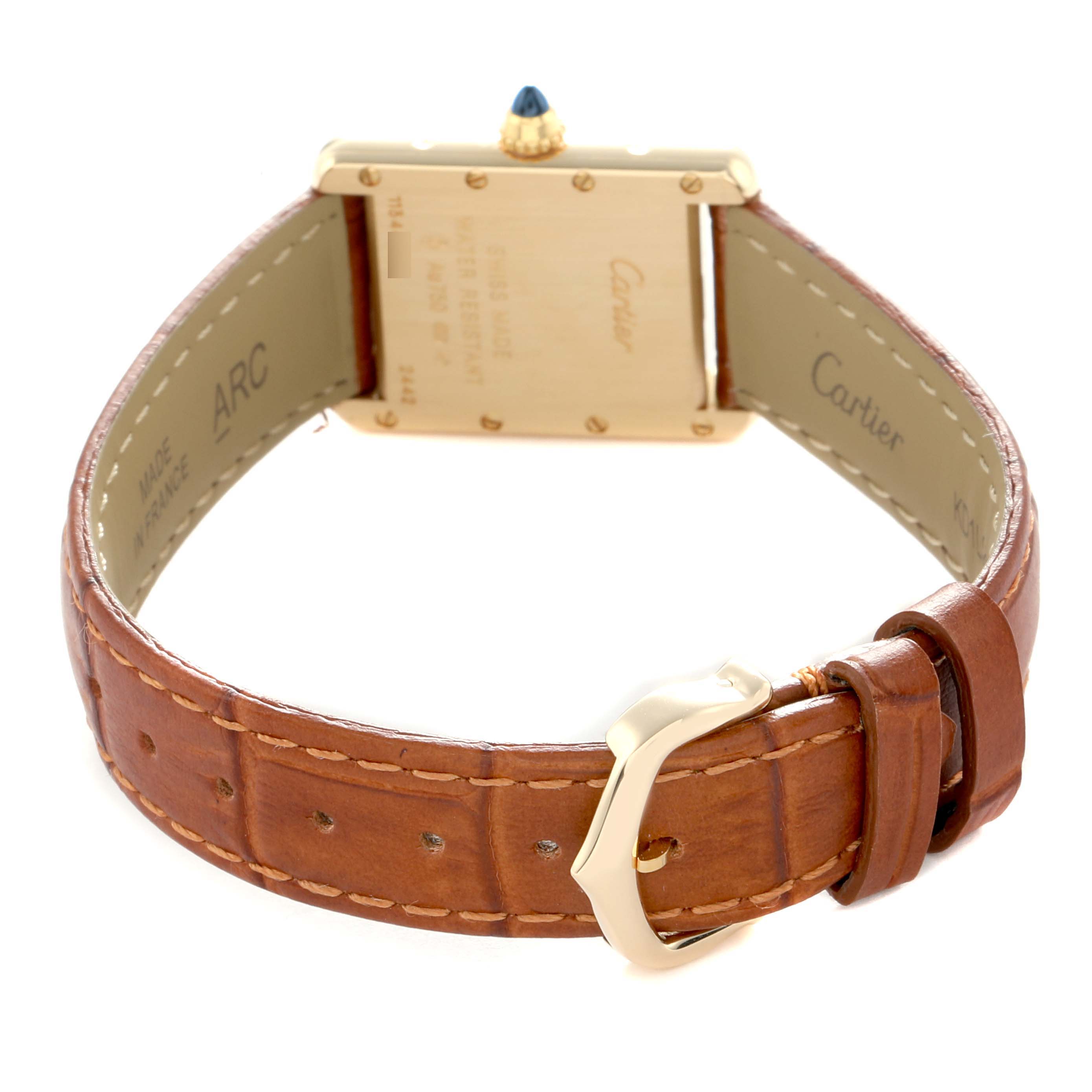 The image shows the back of the Cartier Tank Louis W1529856 Women's Yellow Gold Silver Dial watch, highlighting the strap and buckle, including the case back details.