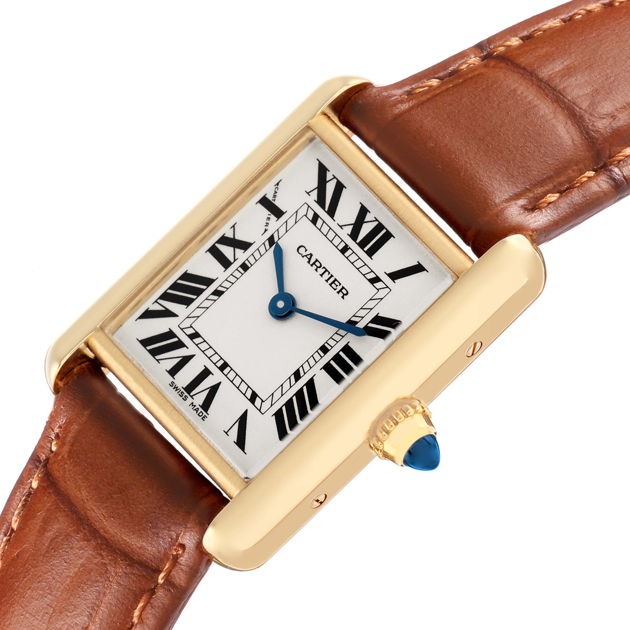 The Cartier Tank Louis W1529856 Women's Yellow Gold Silver Dial watch is shown in a close-up angled view, featuring the face, leather strap, and bejeweled crown.