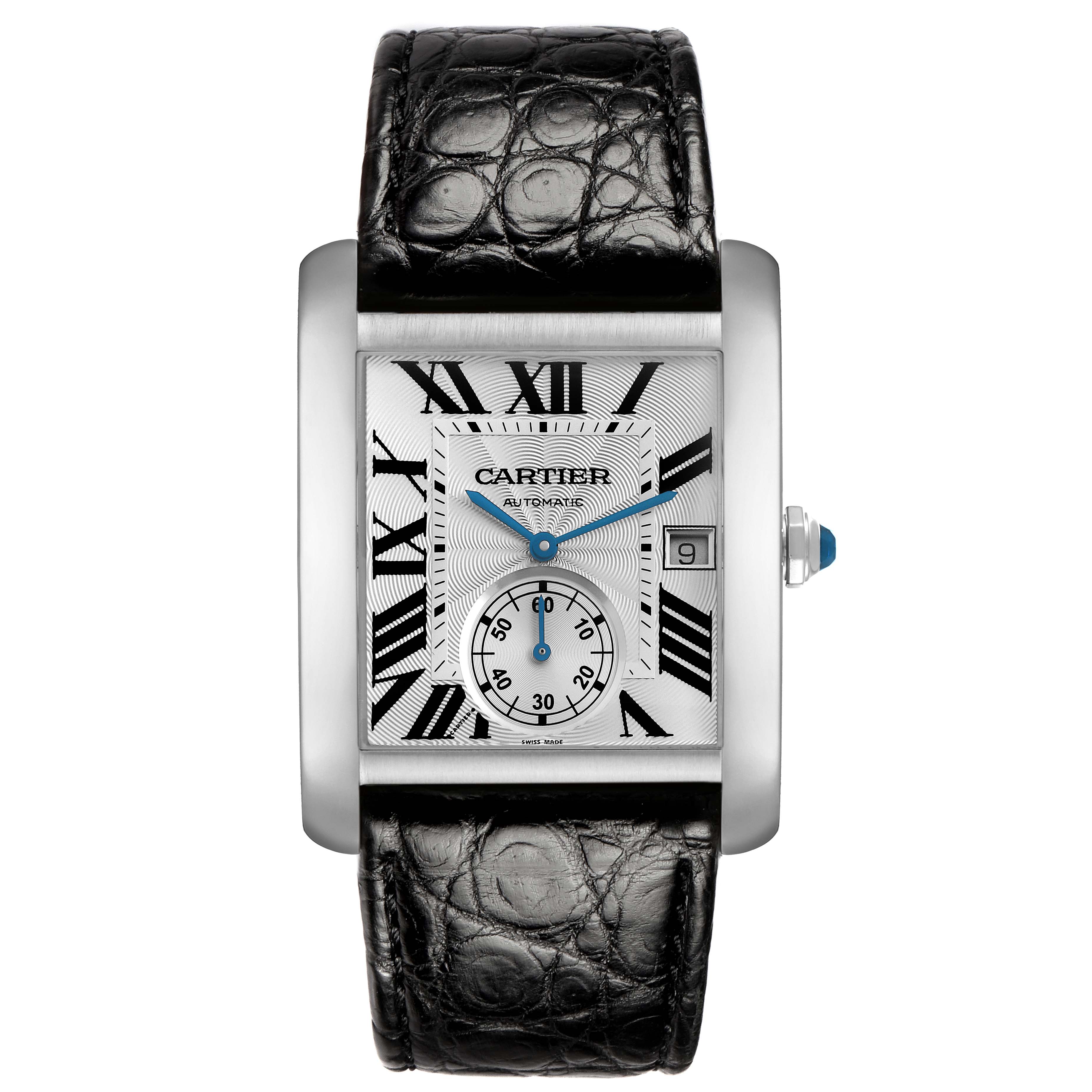 The Cartier Tank MC W5330003 Men
s Stainless Steel Silver Dial watch is shown from the front, displaying the dial, hour markers, hands, and leather strap.