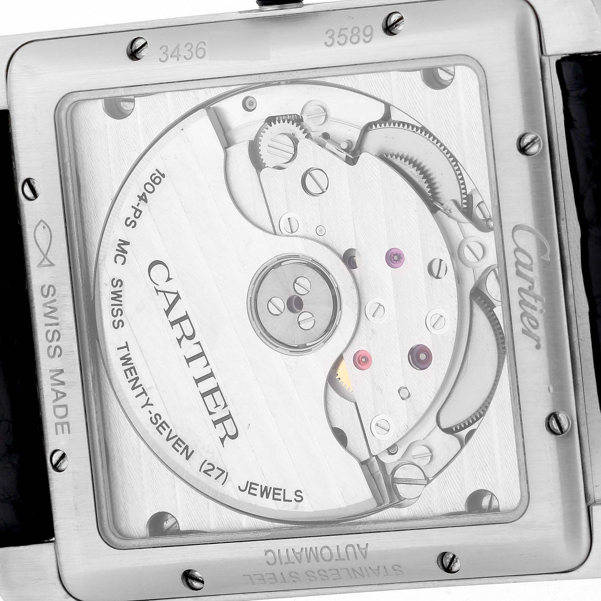 The image shows the back of the Cartier Tank MC W5330003 Men
s Stainless Steel Silver Dial watch, highlighting its automatic movement and intricate components.