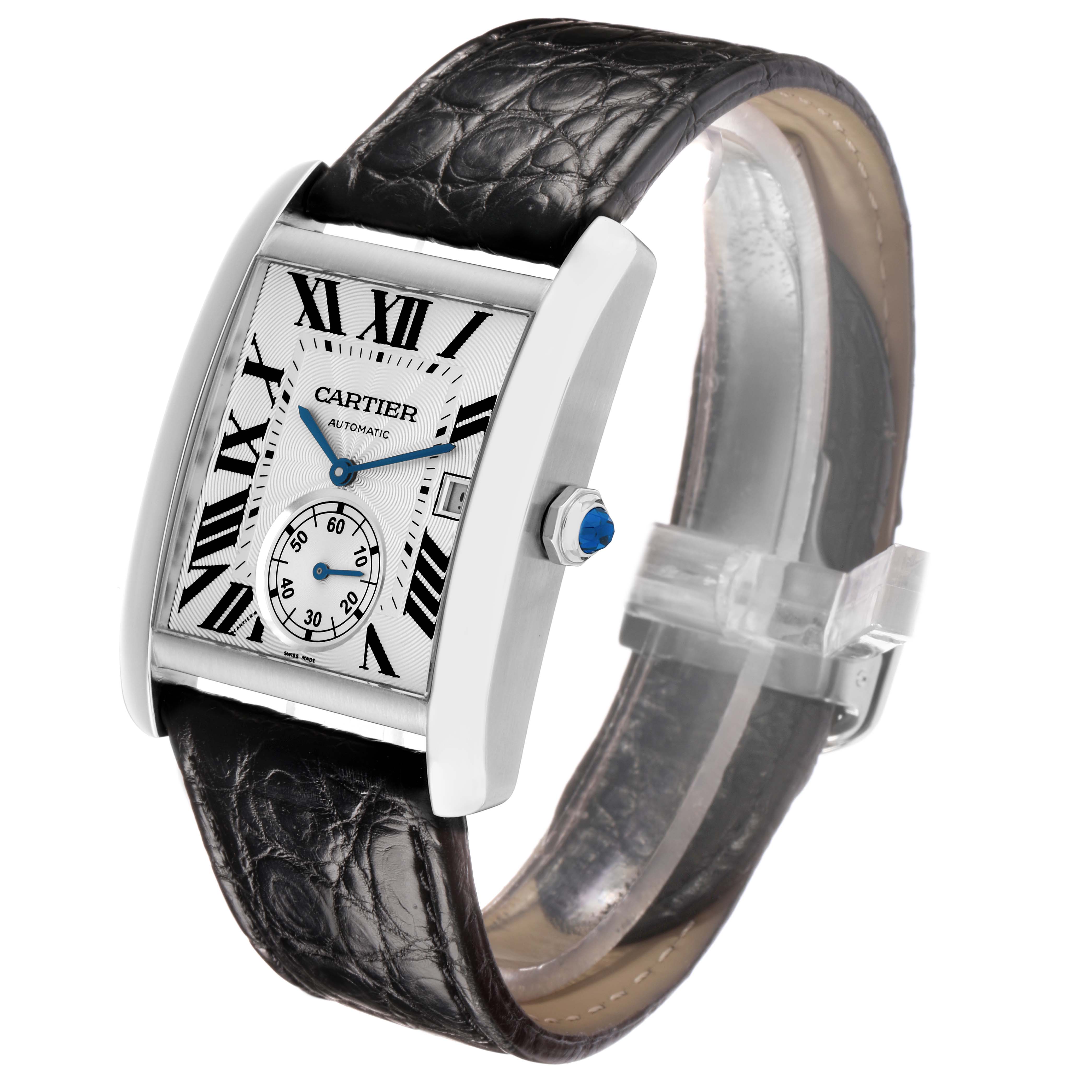 The Cartier Tank MC W5330003 Men
s Stainless Steel Silver Dial watch is shown from a front-side angle, displaying its face, Roman numerals, and leather strap.