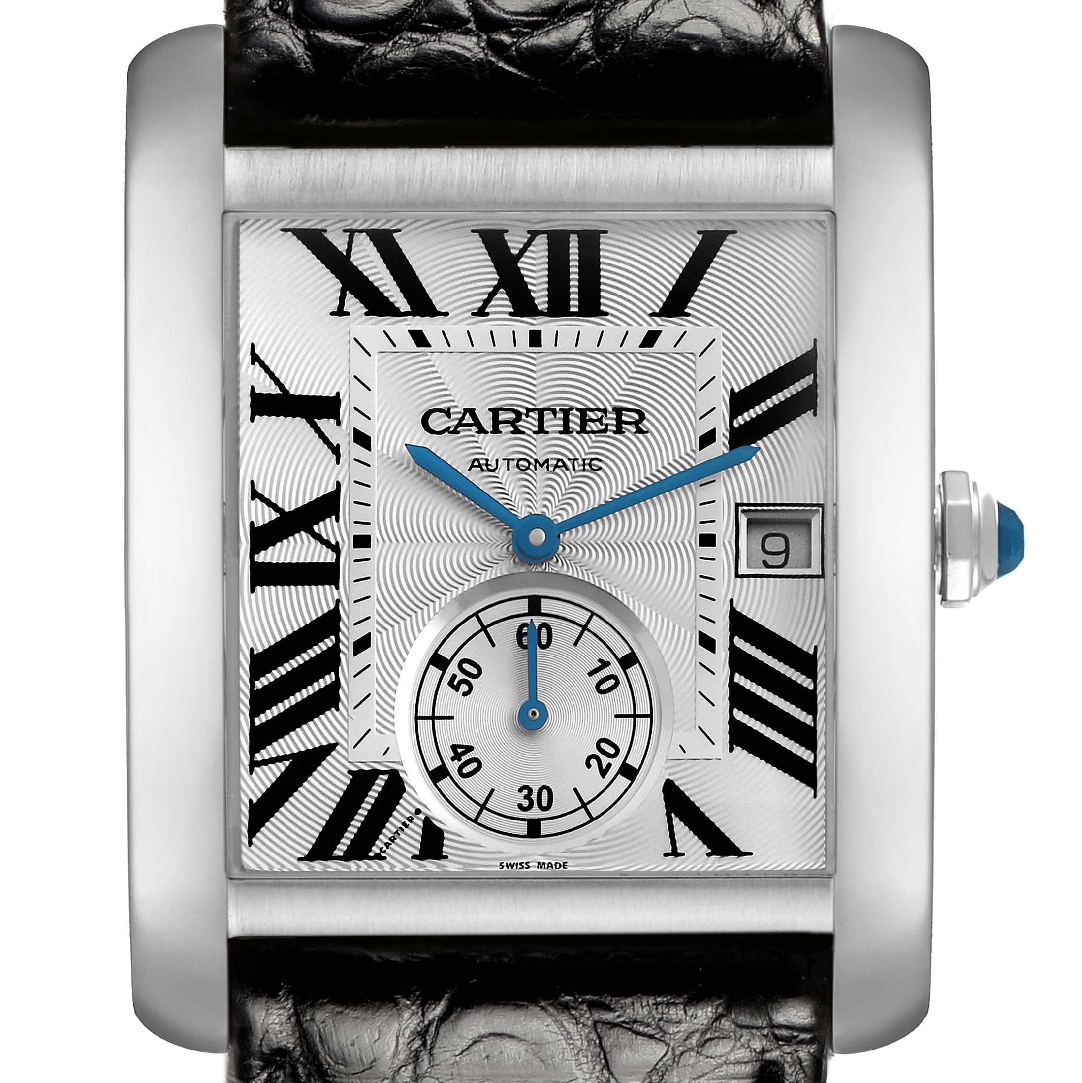 The Cartier Tank MC W5330003 Men
s Stainless Steel Silver Dial watch is shown from the front, highlighting its rectangular case, Roman numerals, and blue hands.