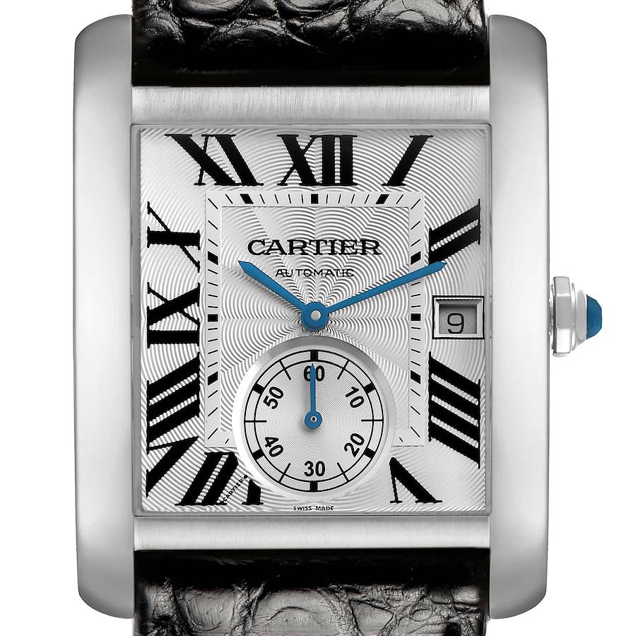 The Cartier Tank MC W5330003 Men
s Stainless Steel Silver Dial watch is shown from the front, highlighting its rectangular case, Roman numerals, and blue hands.