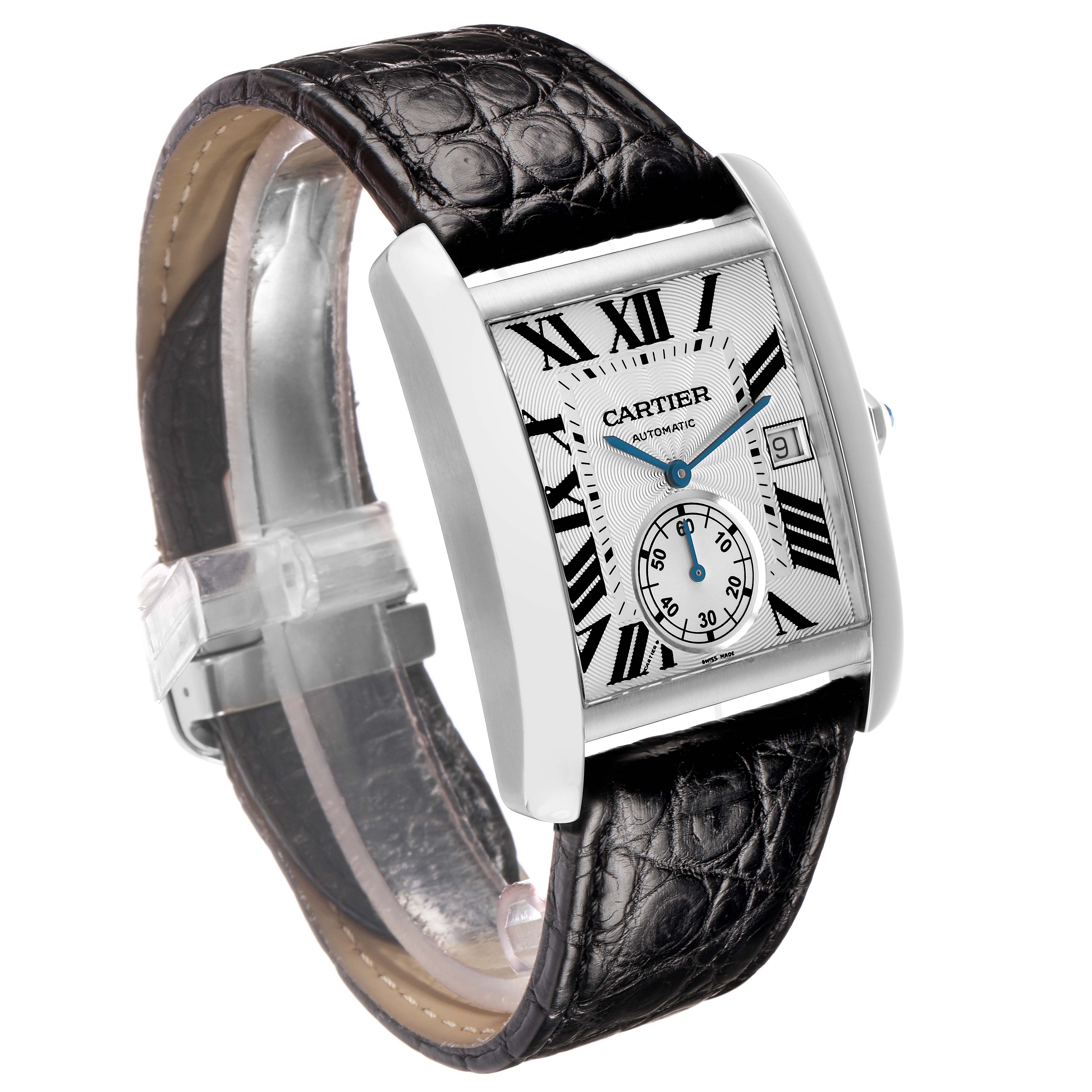 The Cartier Tank MC W5330003 Men
s Stainless Steel Silver Dial watch is shown at a slight angle, highlighting the rectangular face, Roman numerals, and leather strap.