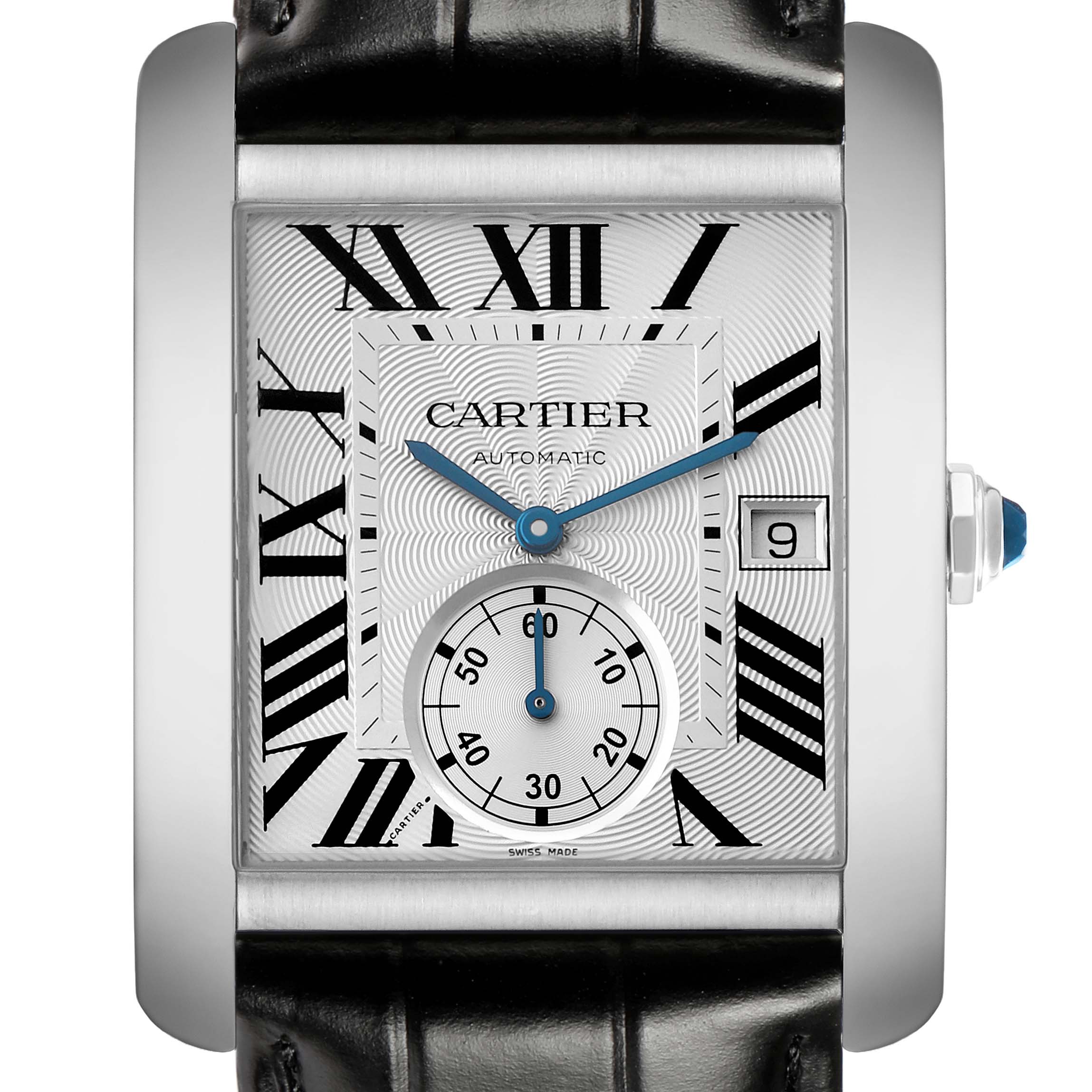 The Cartier Tank MC W5330003 Men
s Stainless Steel Silver Dial watch is shown in a front view, displaying its dial, Roman numerals, and date window.
