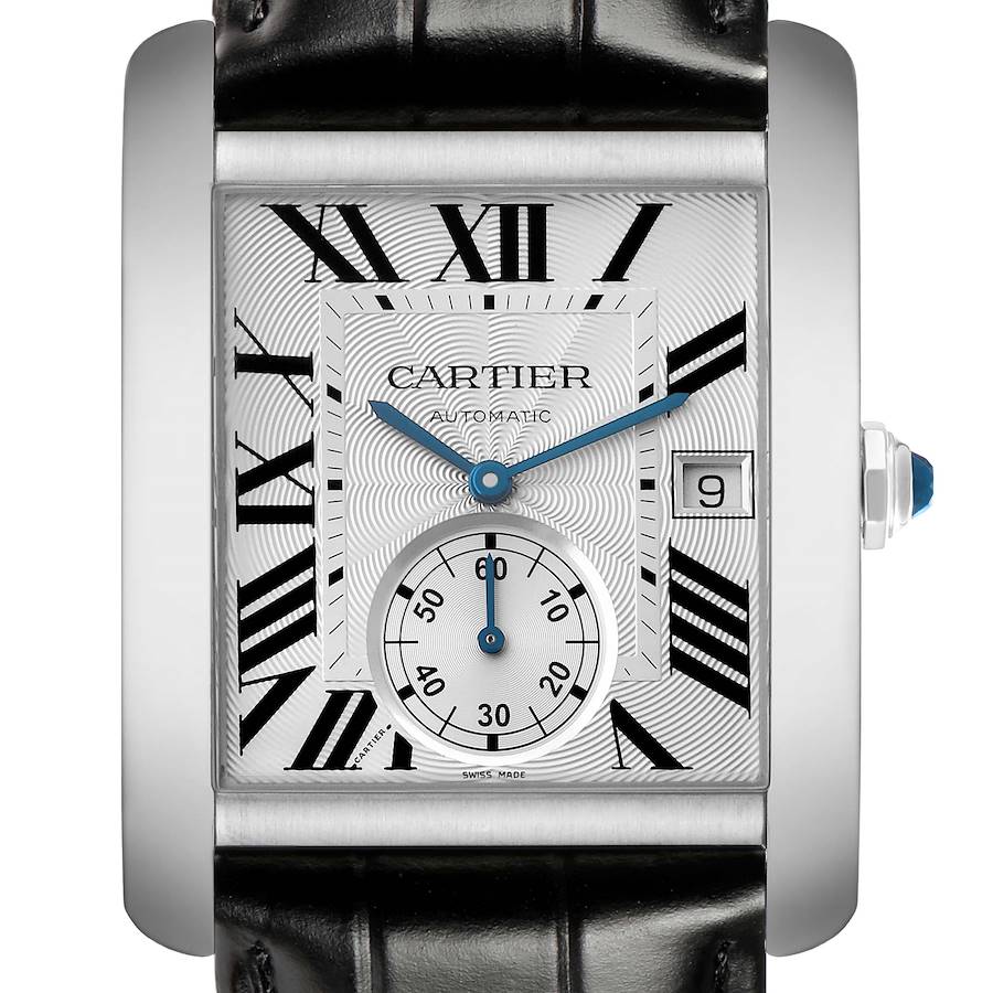 The Cartier Tank MC W5330003 Men's Stainless Steel Silver Dial watch is shown in a front view, displaying its dial, Roman numerals, and date window.