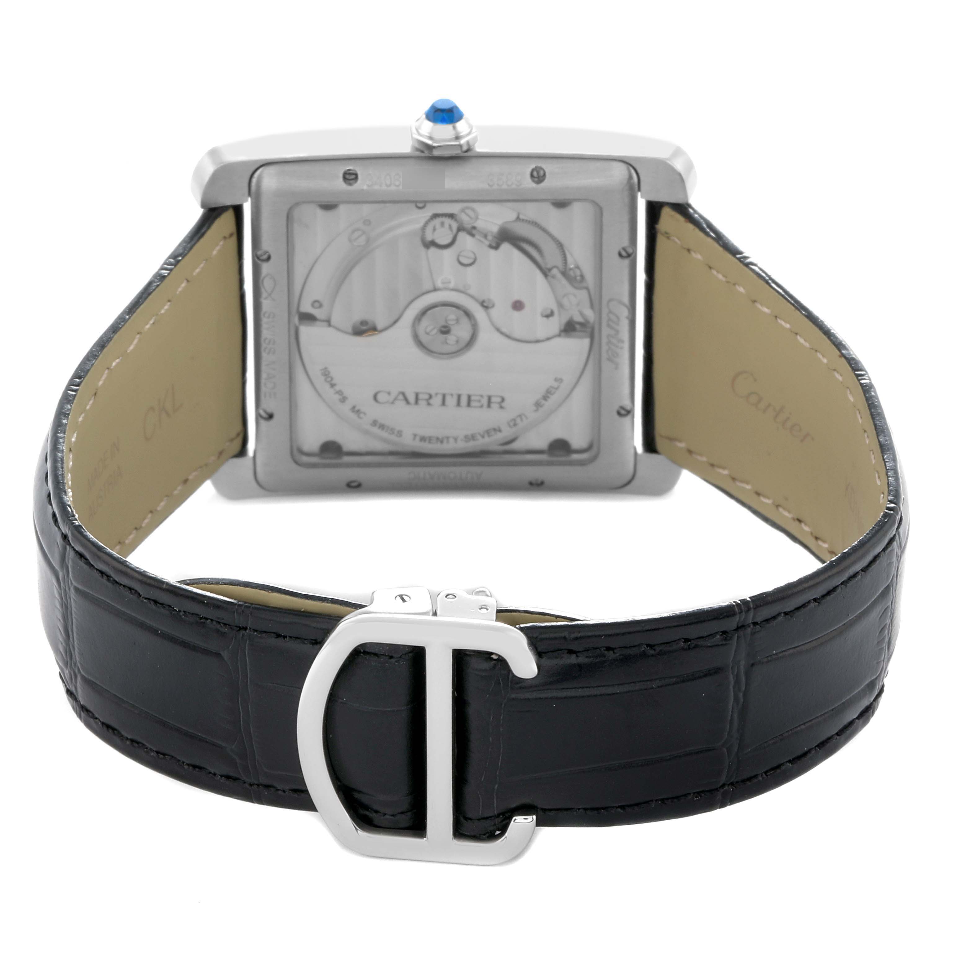 The image shows the back of the Cartier Tank MC W5330003 Men
s Stainless Steel Silver Dial watch, highlighting the movement and leather strap with buckle.
