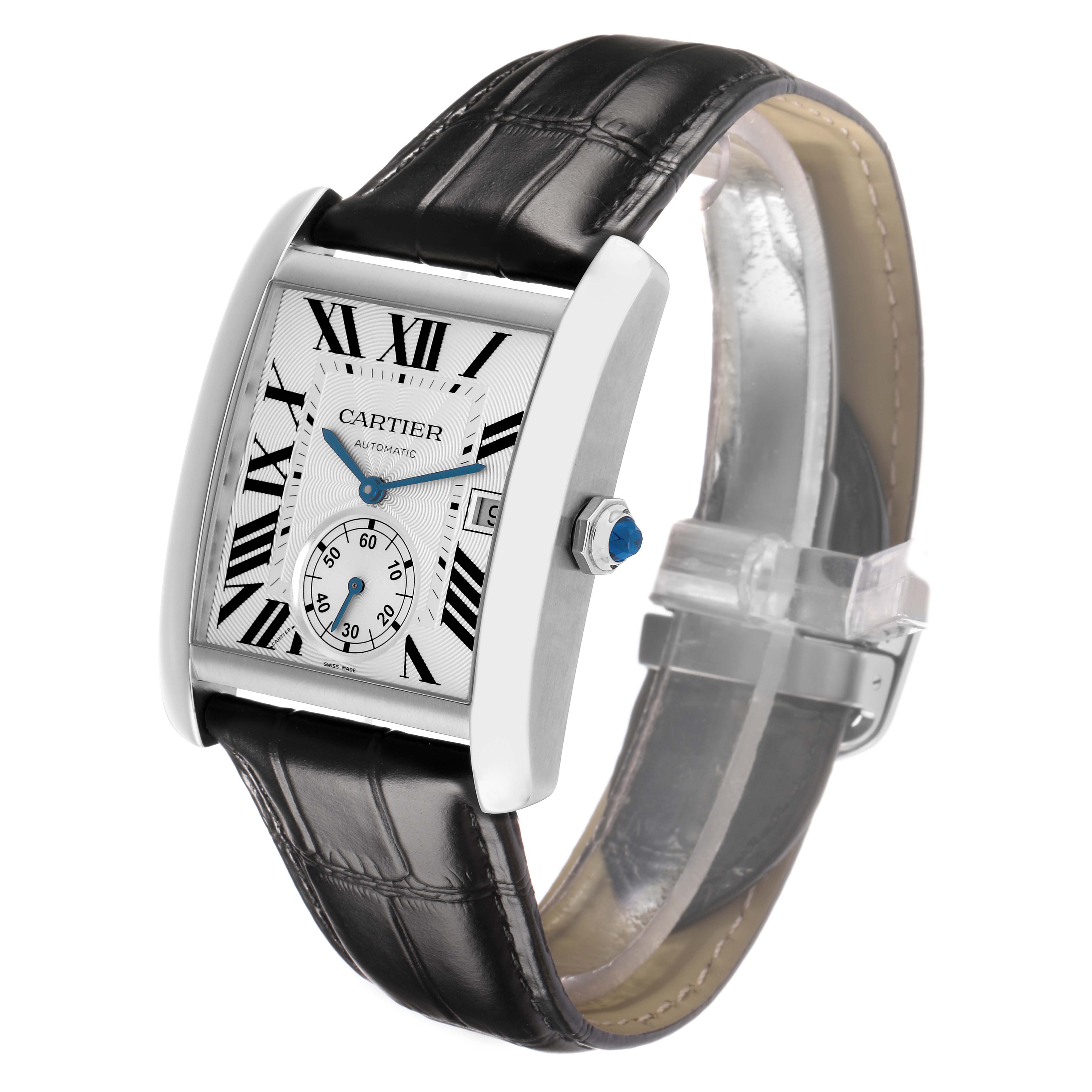 The Cartier Tank MC W5330003 Men
s Stainless Steel Silver Dial watch is shown at a slight angle, highlighting the face, case, crown, and leather strap.