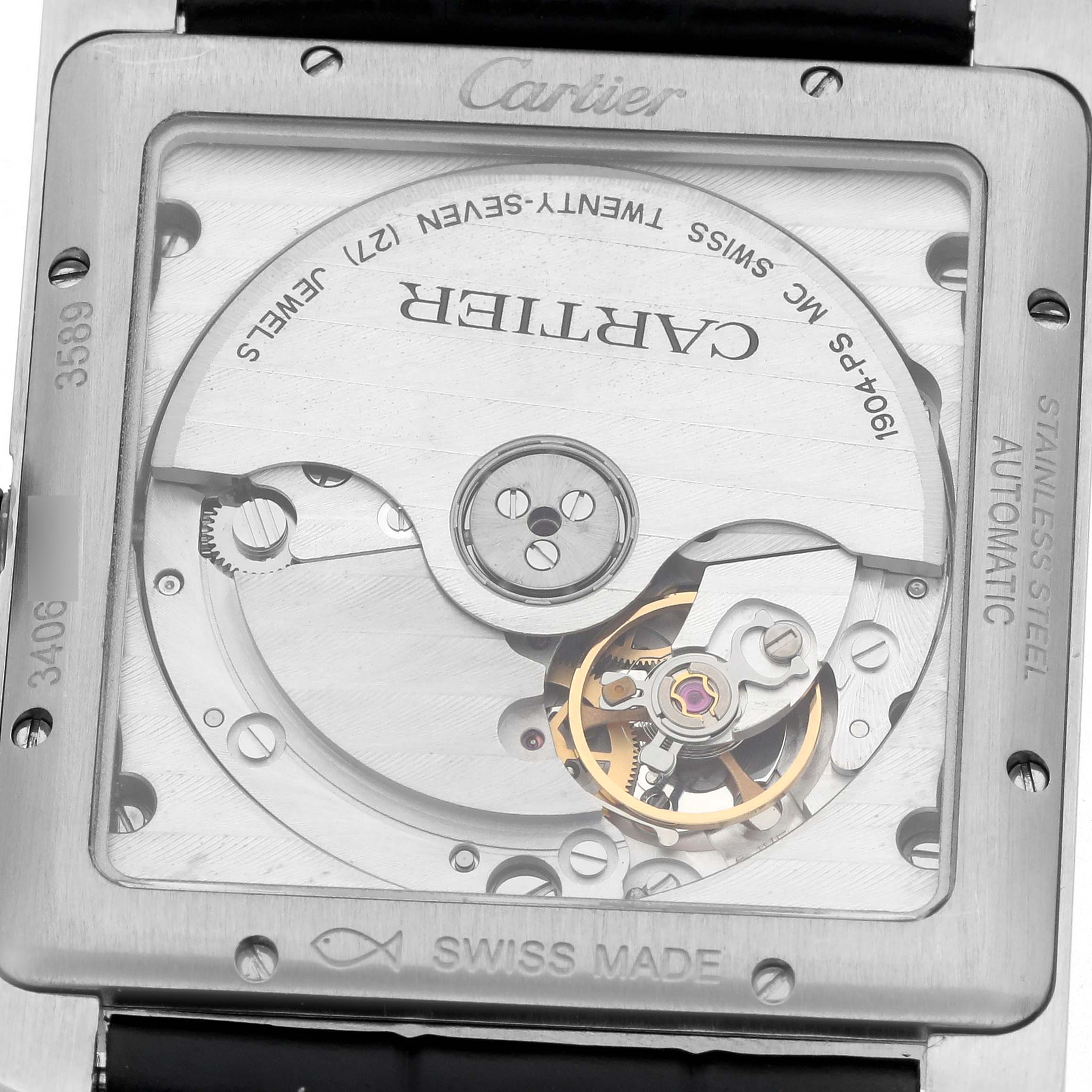 The image shows the back view of a Cartier Tank MC W5330003 Men
s Stainless Steel Silver Dial, highlighting its automatic movement and internal mechanics.