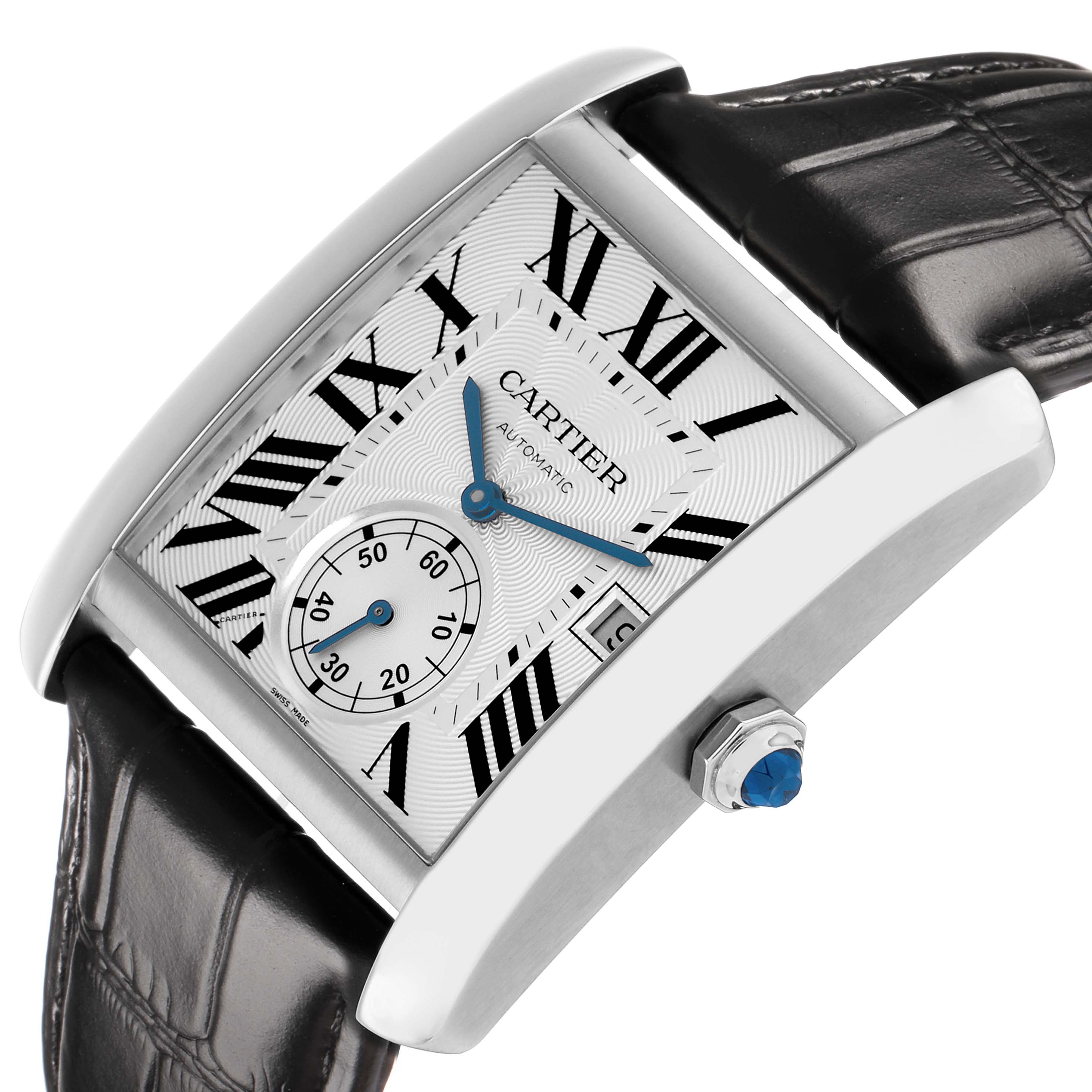 The Cartier Tank MC W5330003 Men
s Stainless Steel Silver Dial watch is shown at an angle highlighting the Roman numeral dial, sub-dial, crown with cabochon, and leather strap.