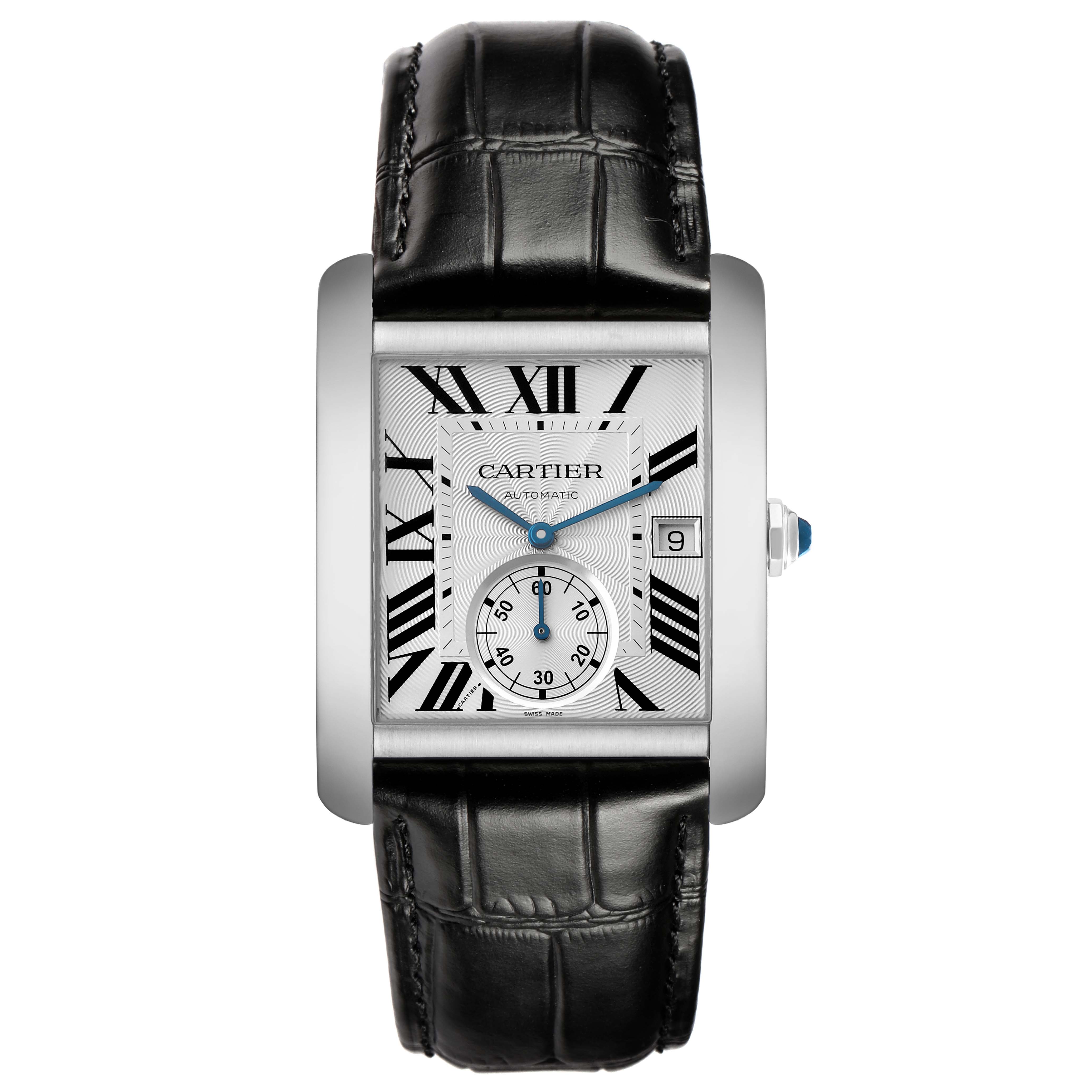 The Cartier Tank MC W5330003 Men
s Stainless Steel Silver Dial watch is shown from a top-down angle, displaying the face, roman numerals, hands, and black leather strap.