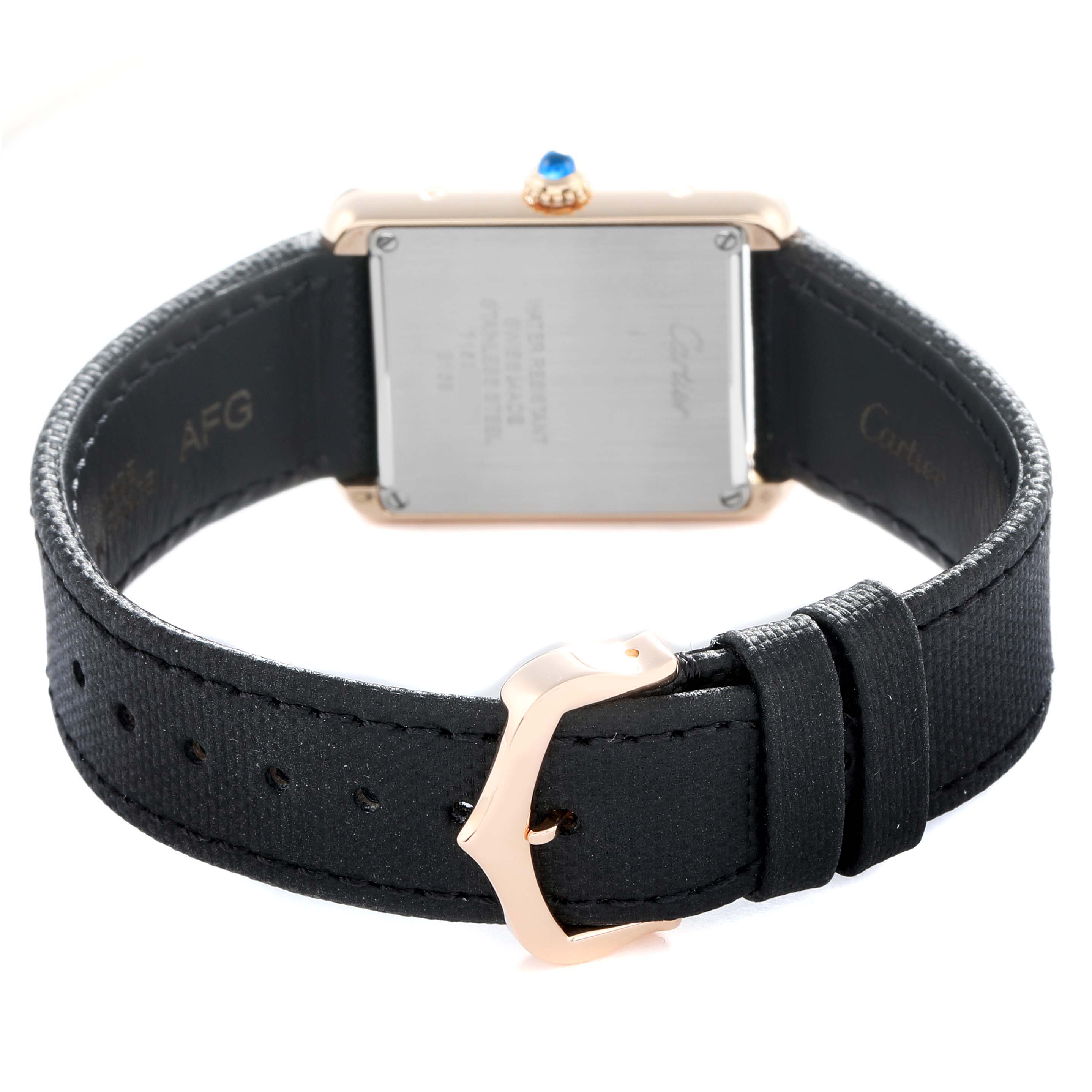 The image shows a Cartier Tank Solo W5200024 Women's Rose Gold Silver Dial watch from the back, highlighting the case, buckle, and leather strap.