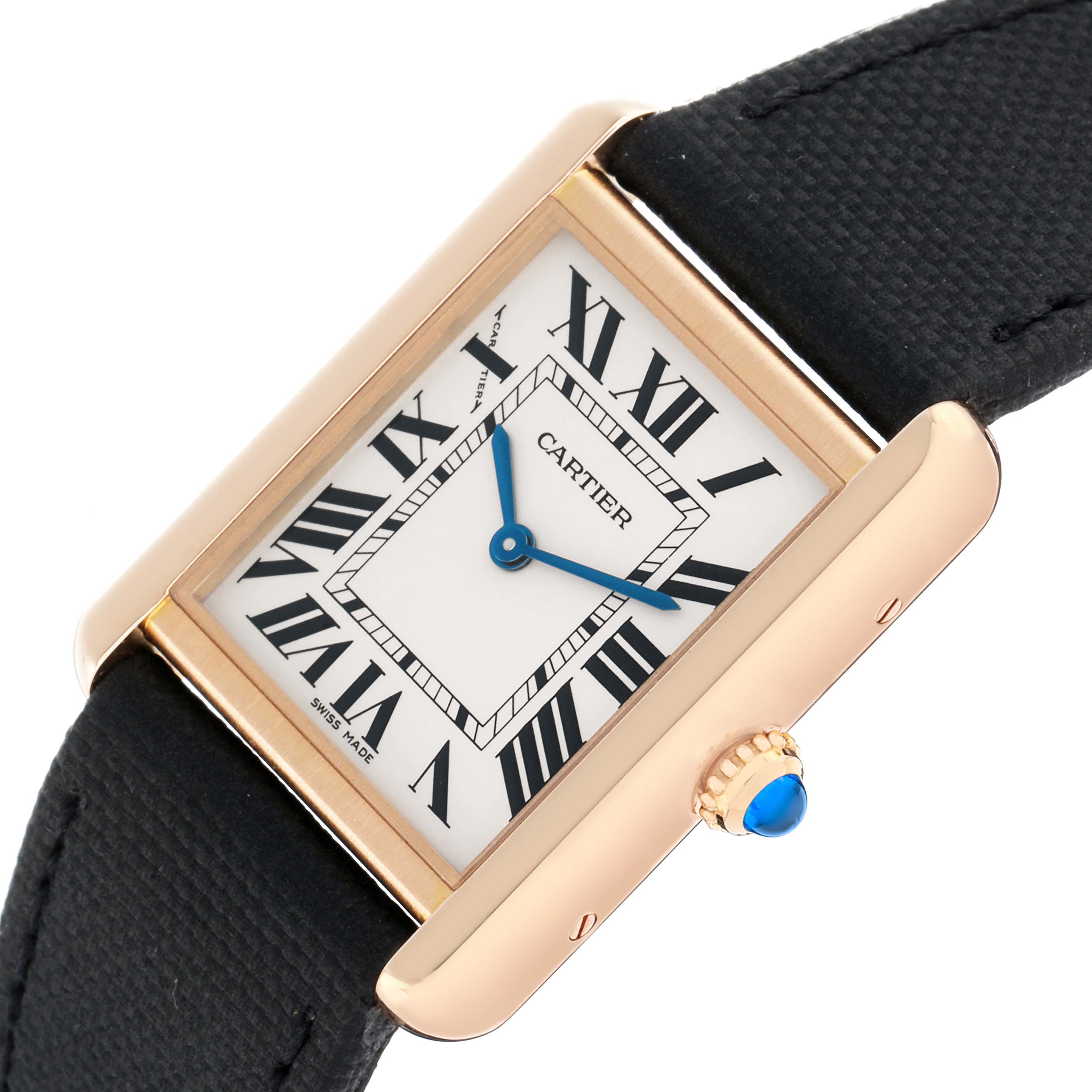 The Cartier Tank Solo W5200024 Women's Rose Gold Silver Dial watch is shown from an angled top view highlighting the face, case, and crown with a blue cabochon.