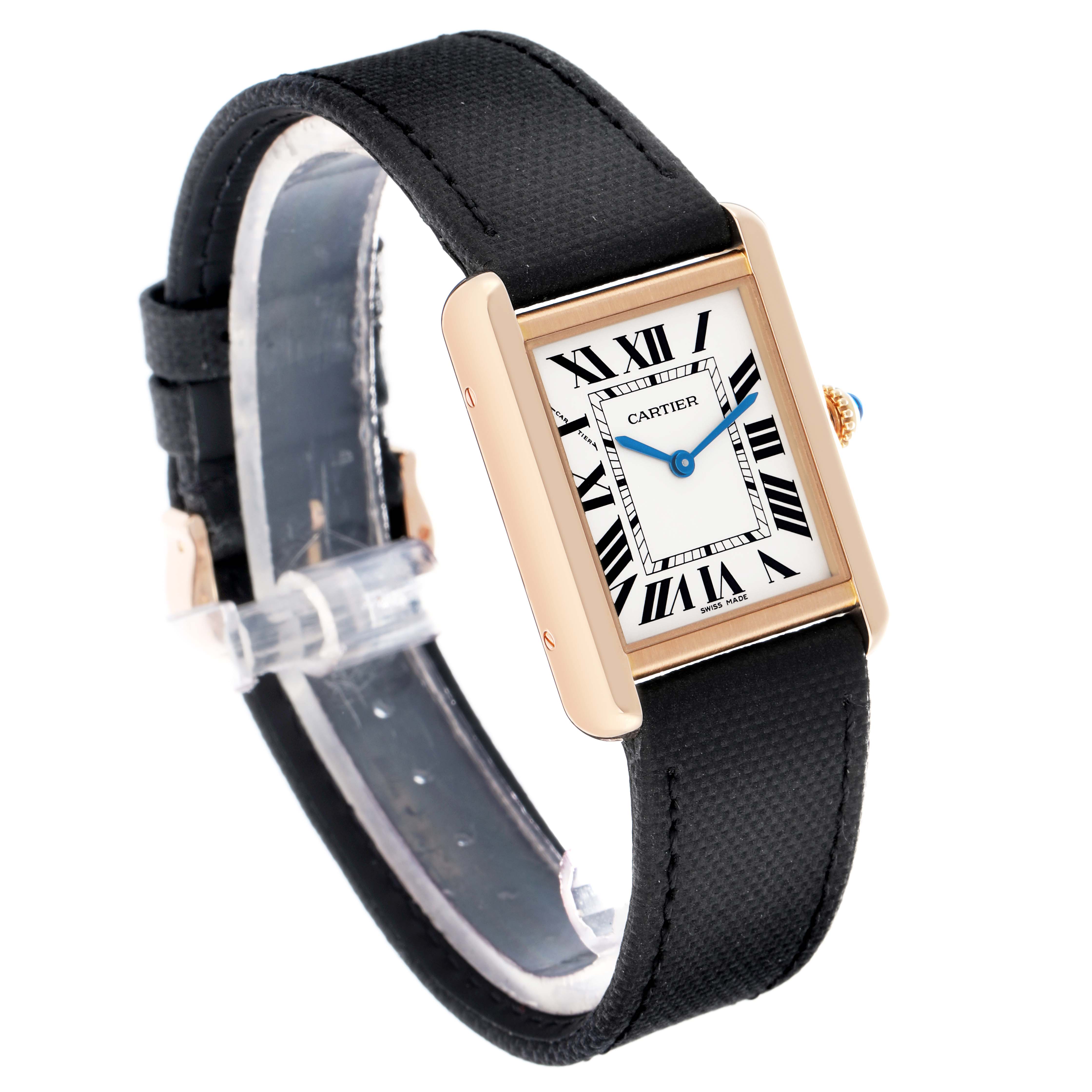 The Cartier Tank Solo W5200024 Women's Rose Gold Silver Dial watch is shown at a three-quarter angle, highlighting its rectangular face, Roman numerals, and black strap.