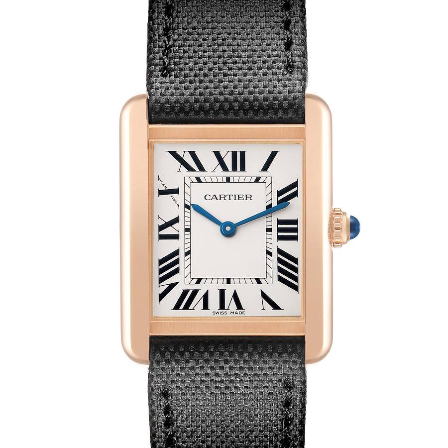 The Cartier Tank Solo W5200024 Women's Rose Gold Silver Dial watch is shown from the front, highlighting its rectangular face, Roman numerals, and leather strap.