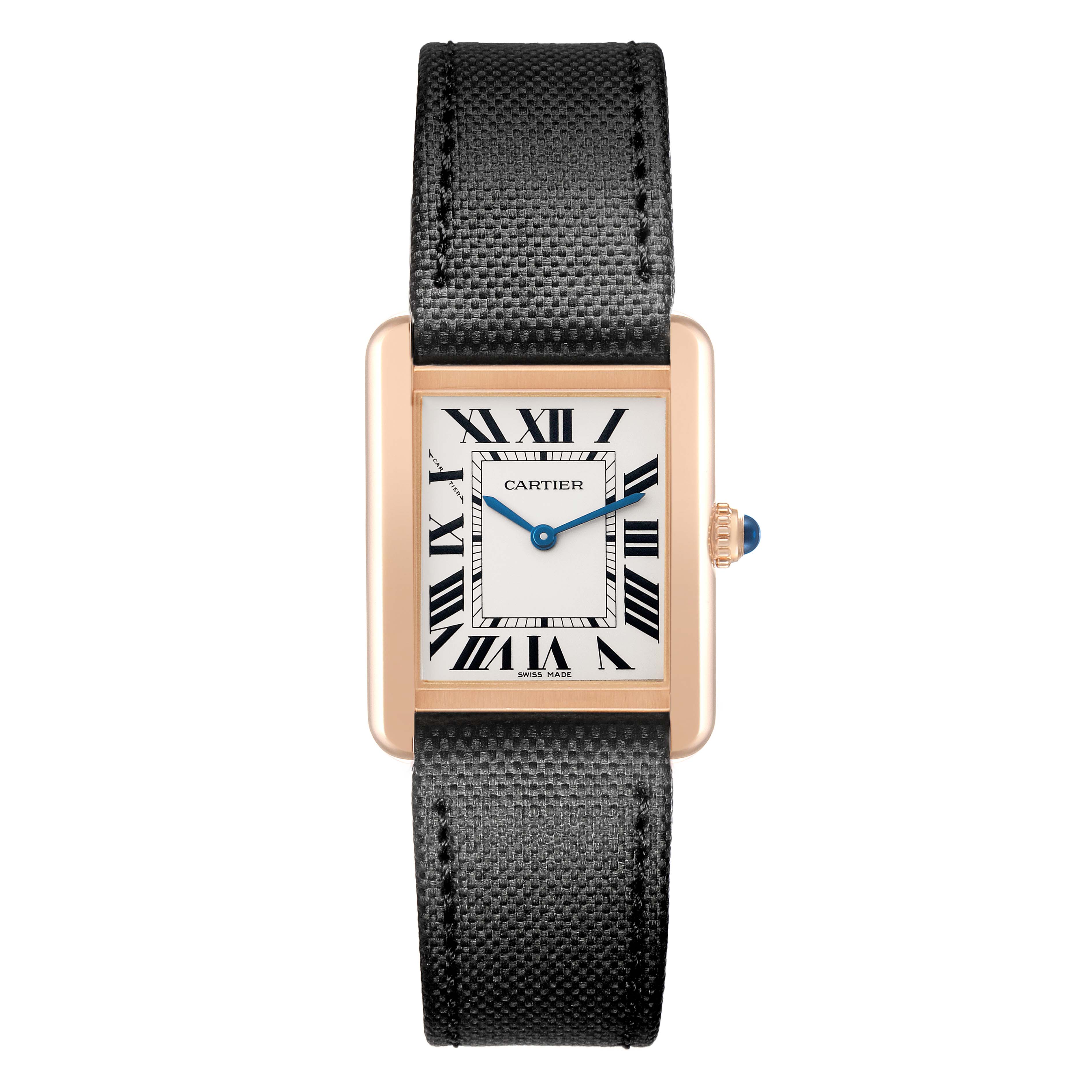 The Cartier Tank Solo W5200024 Women's Rose Gold Silver Dial watch is shown from the front, featuring its rectangular face, Roman numerals, and black strap.