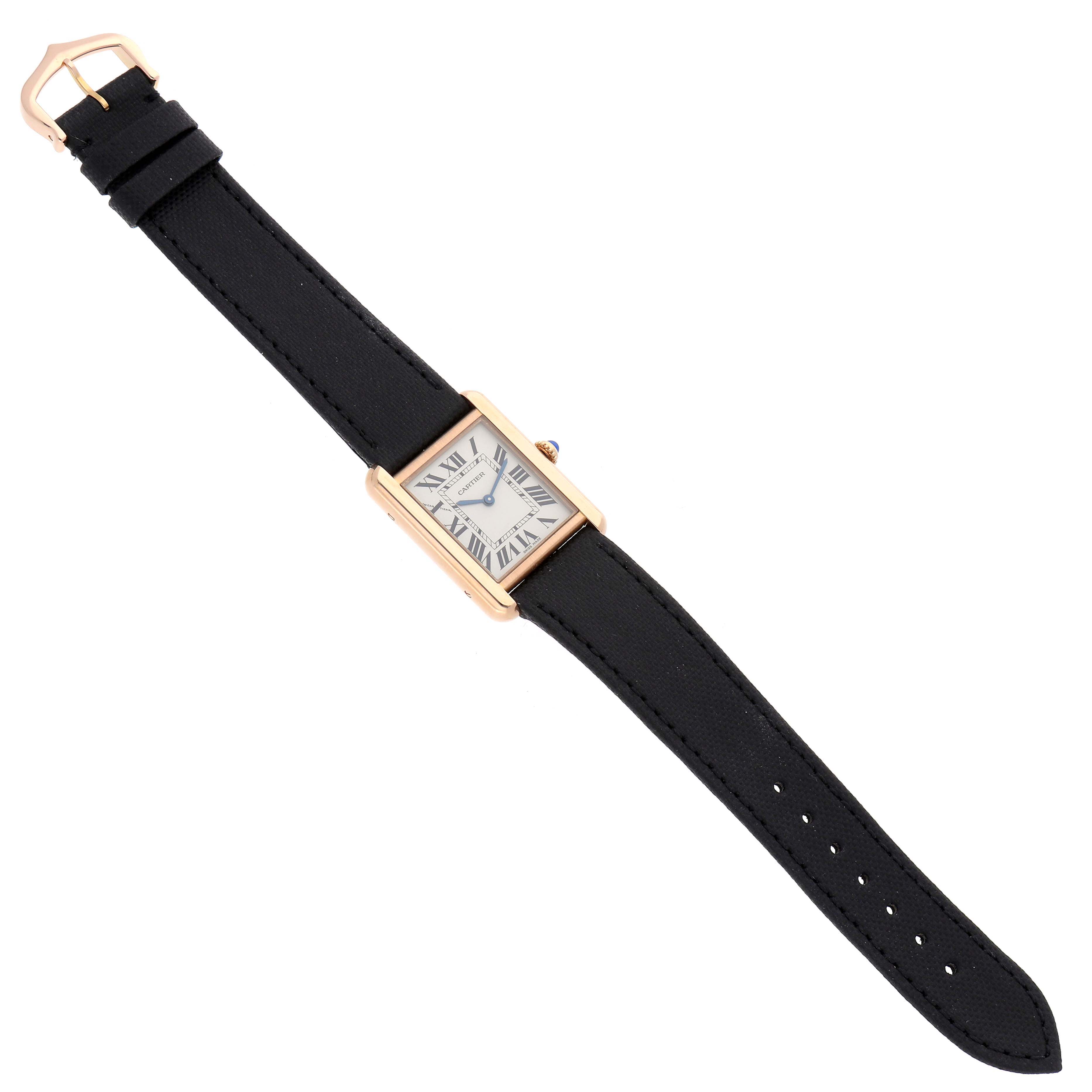 The Cartier Tank Solo W5200024 Women's Rose Gold Silver Dial watch is shown from a top-down angle, highlighting the dial, case, and full strap with buckle.