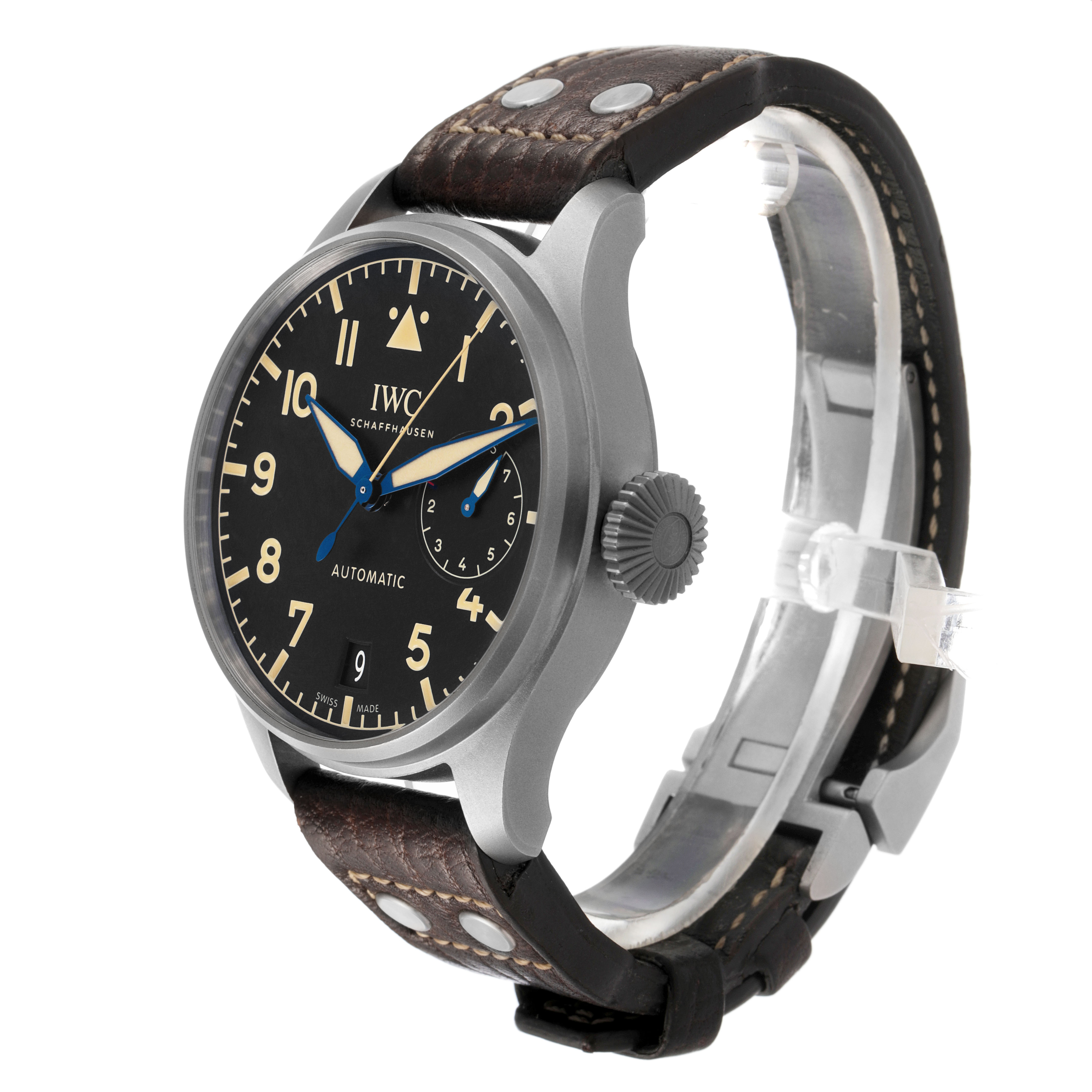 The IWC Pilot IW510301 Men's Titanium Black Dial model watch is shown at a three-quarter angle, highlighting the face, case, crown, and leather strap.
