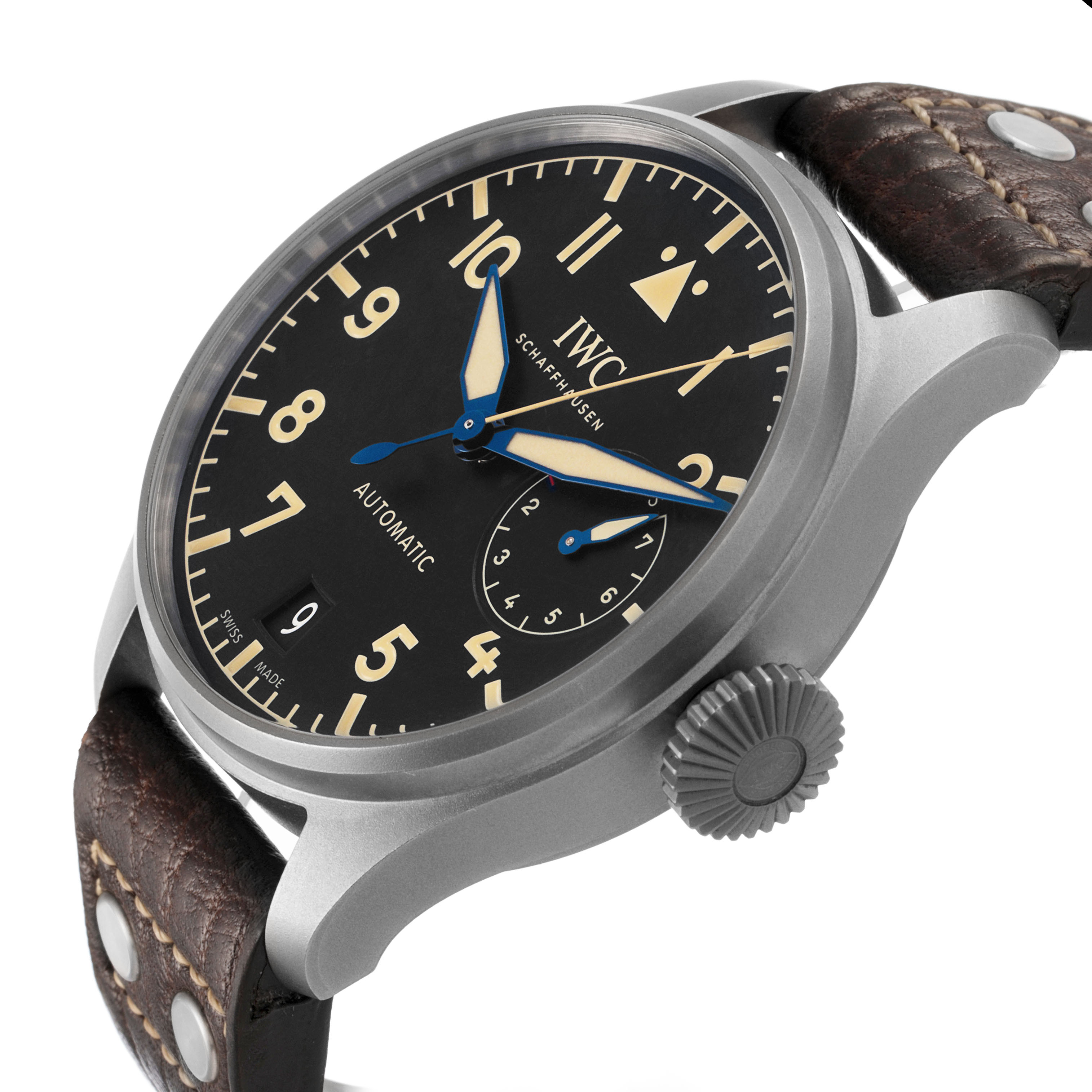 The IWC Pilot IW510301 Men's Titanium Black Dial model is shown at a slight angle highlighting the face, crown, and brown leather strap.