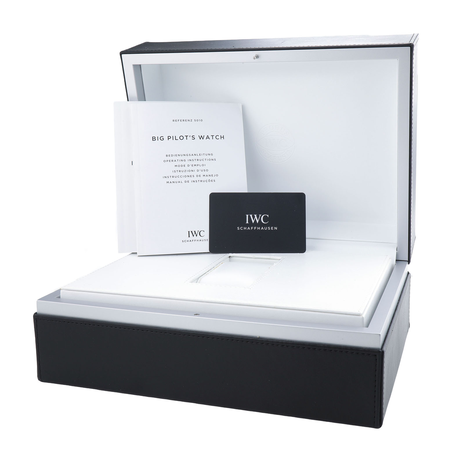 The image shows the packaging for the IWC Pilot IW510301 Men's Titanium Black Dial model, including a box, booklet, and warranty card.