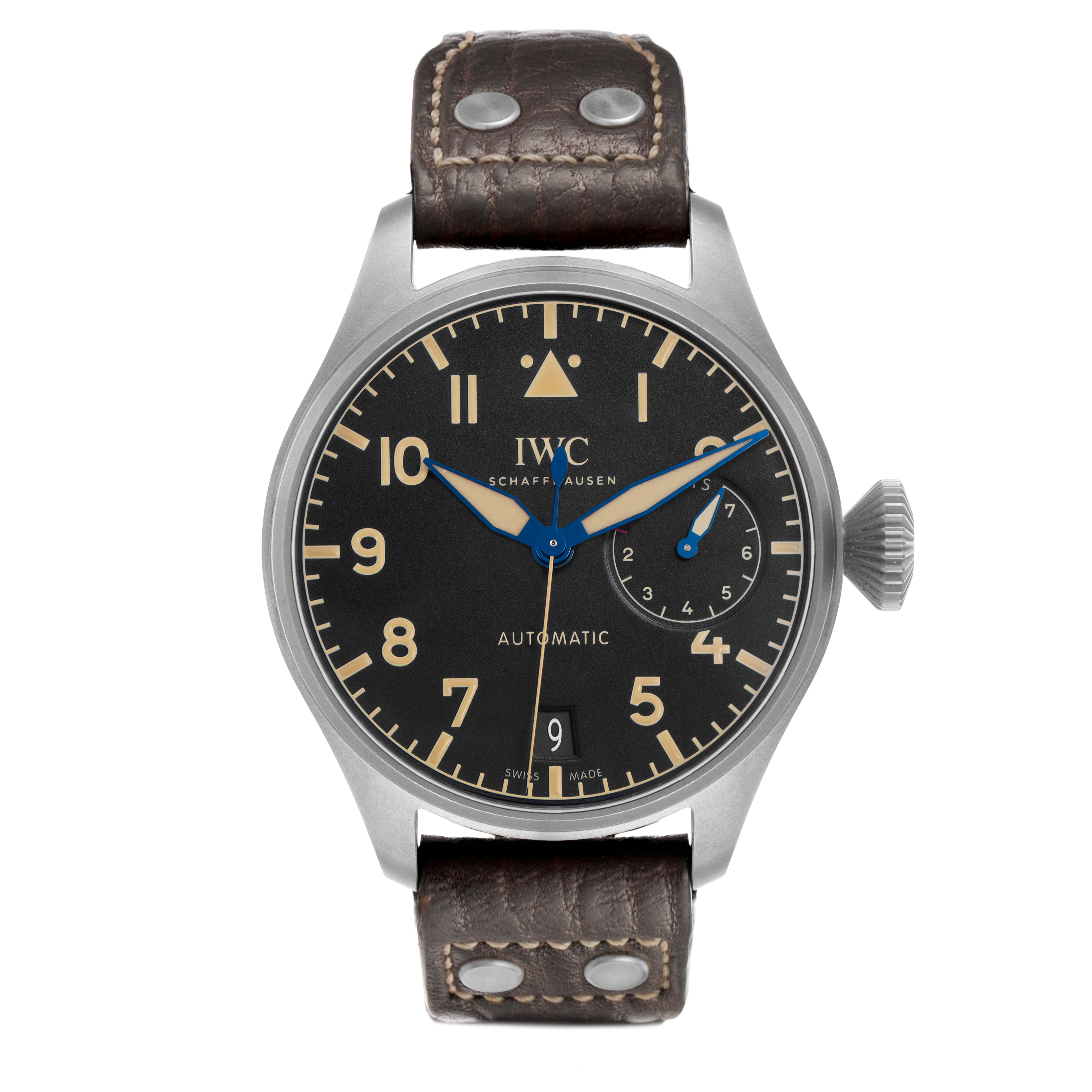 The IWC Pilot IW510301 Men's Titanium Black Dial watch is shown from a front angle displaying the dial, hands, numerals, crown, and part of the leather strap.