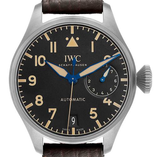 The image shows a frontal view of the IWC Pilot IW510301 Men's Titanium Black Dial model watch, highlighting its dial, hands, and crown.